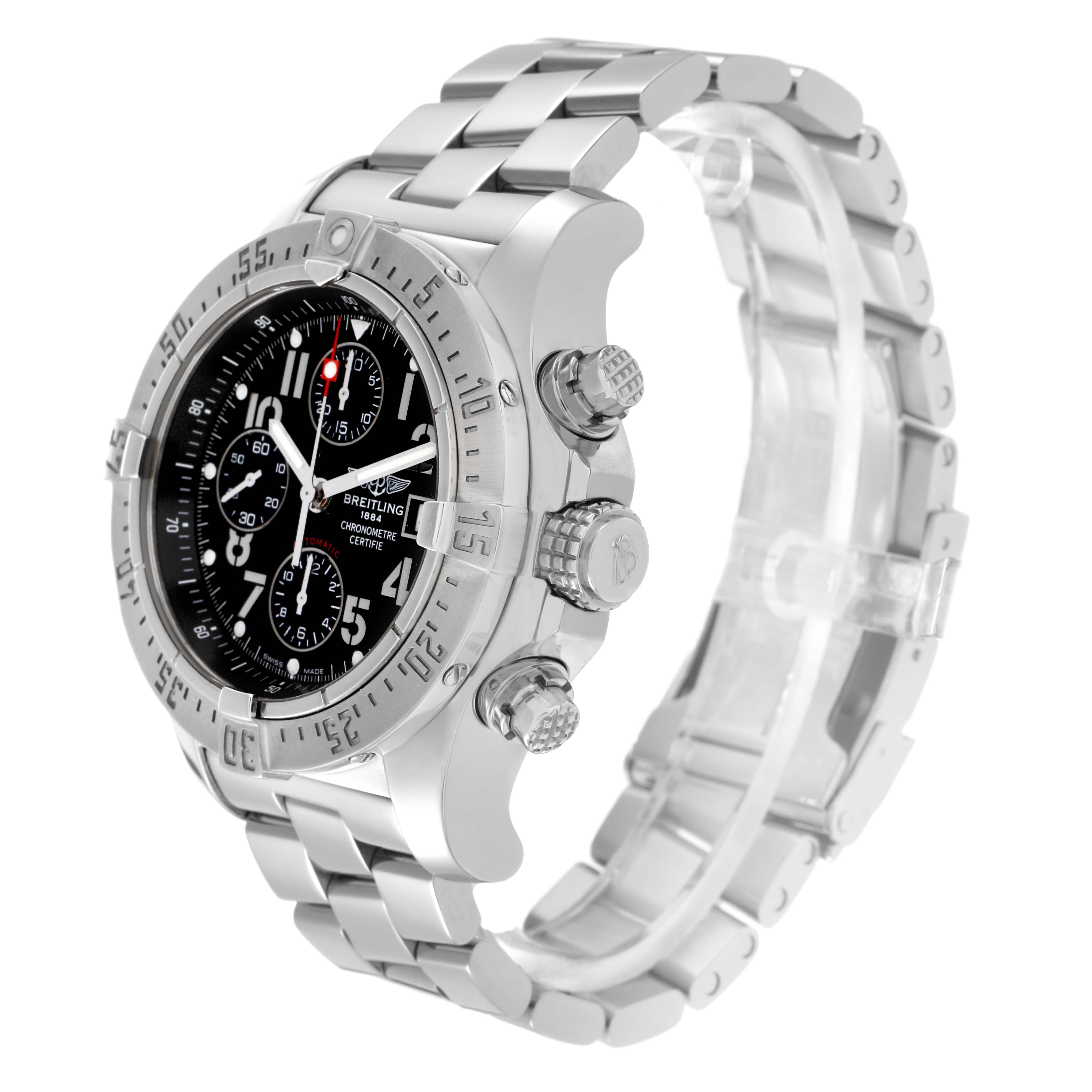 The Breitling Avenger A1338012/B975 Men's Stainless Steel Black Dial A1338012/B975 Men's Stainless Steel Black Dial watch is shown from a three-quarter angle, highlighting the face, bezel, crown, and bracelet.