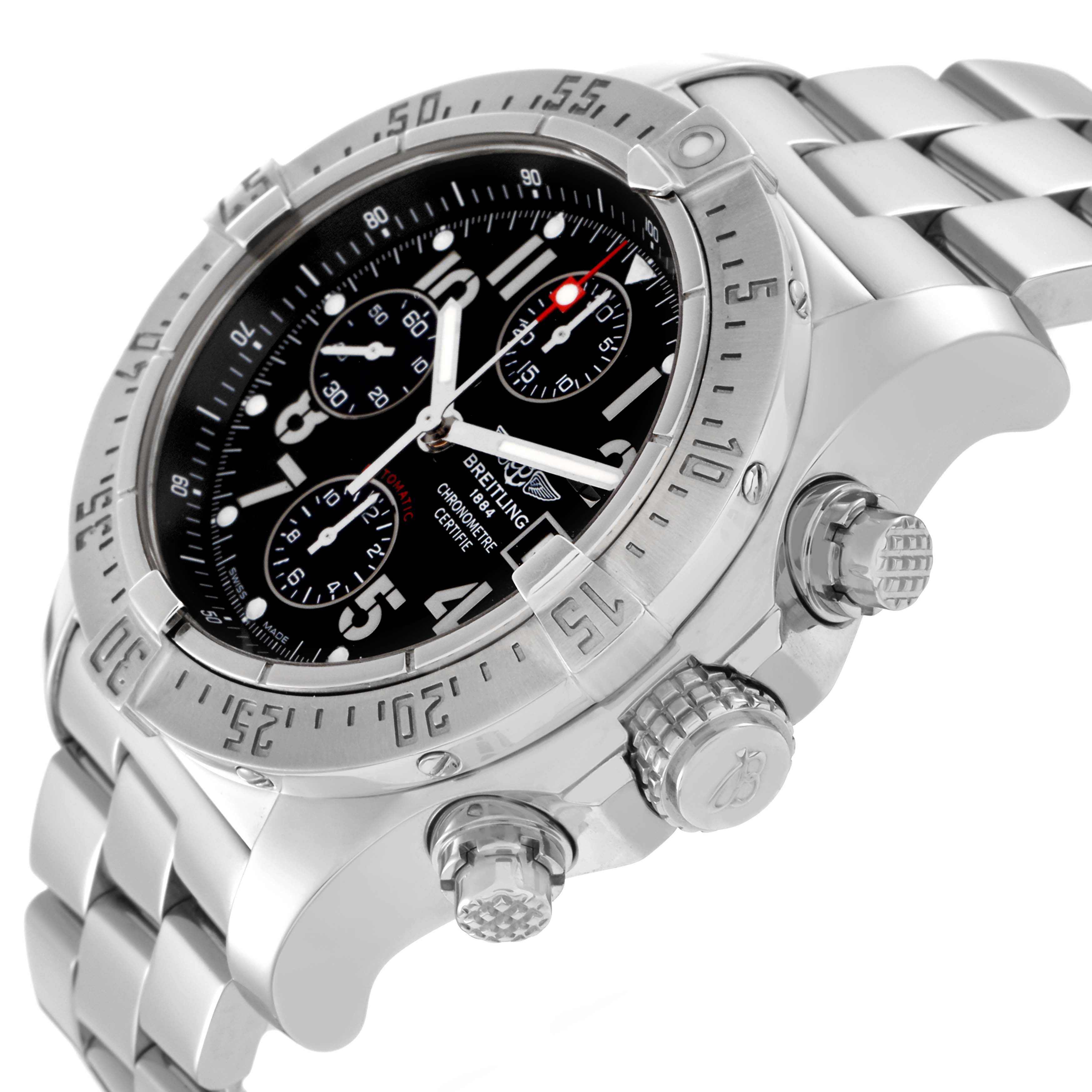 The Breitling Avenger A1338012/B975 Men's Stainless Steel Black Dial A1338012/B975 Men's Stainless Steel Black Dial watch is shown at an angle highlighting the bezel, chronograph dials, crown, and bracelet.