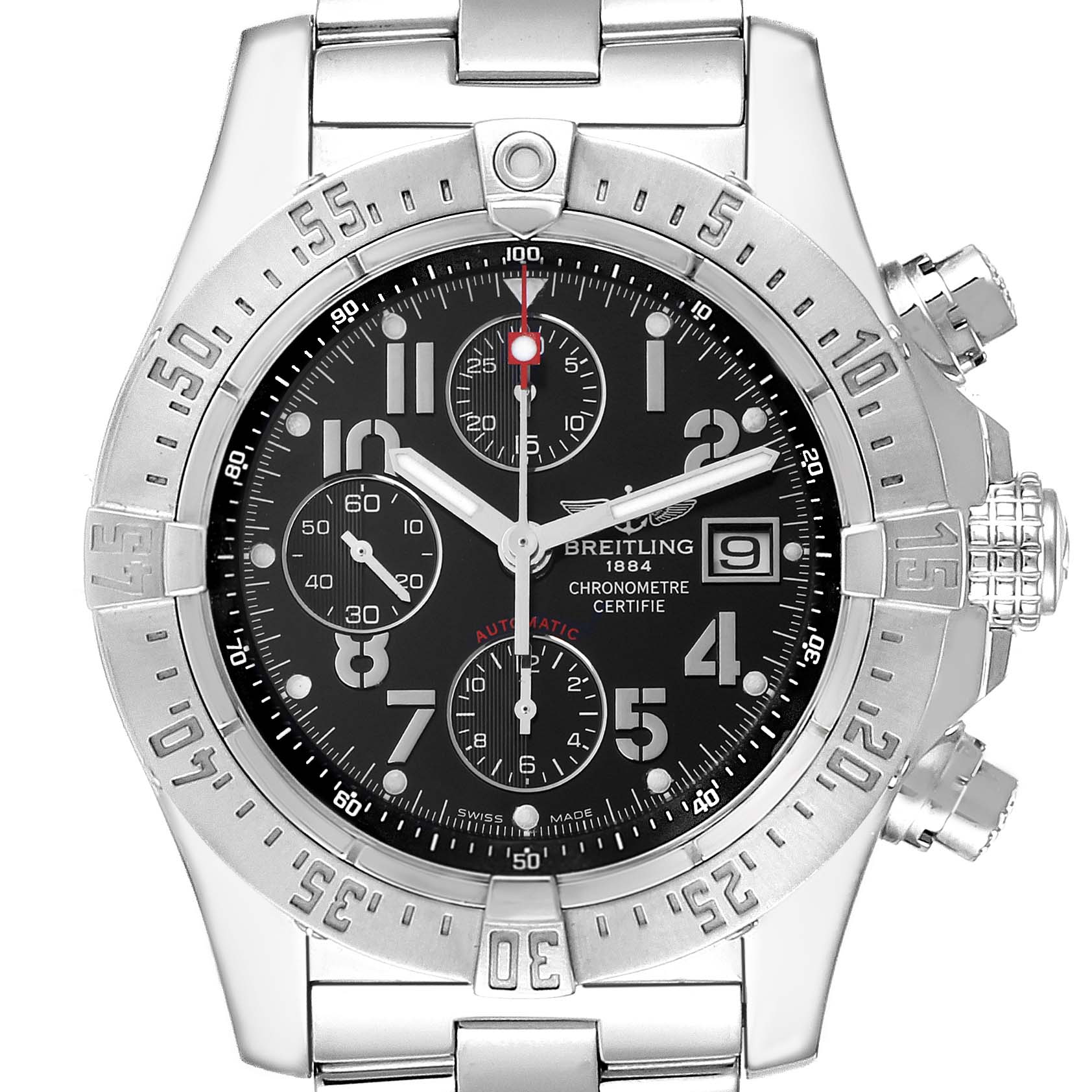 The Breitling Avenger A1338012/B975 Men's Stainless Steel Black Dial A1338012/B975 Men's Stainless Steel Black Dial watch is shown from a front angle, displaying its bezel, chronograph dials, and date feature.