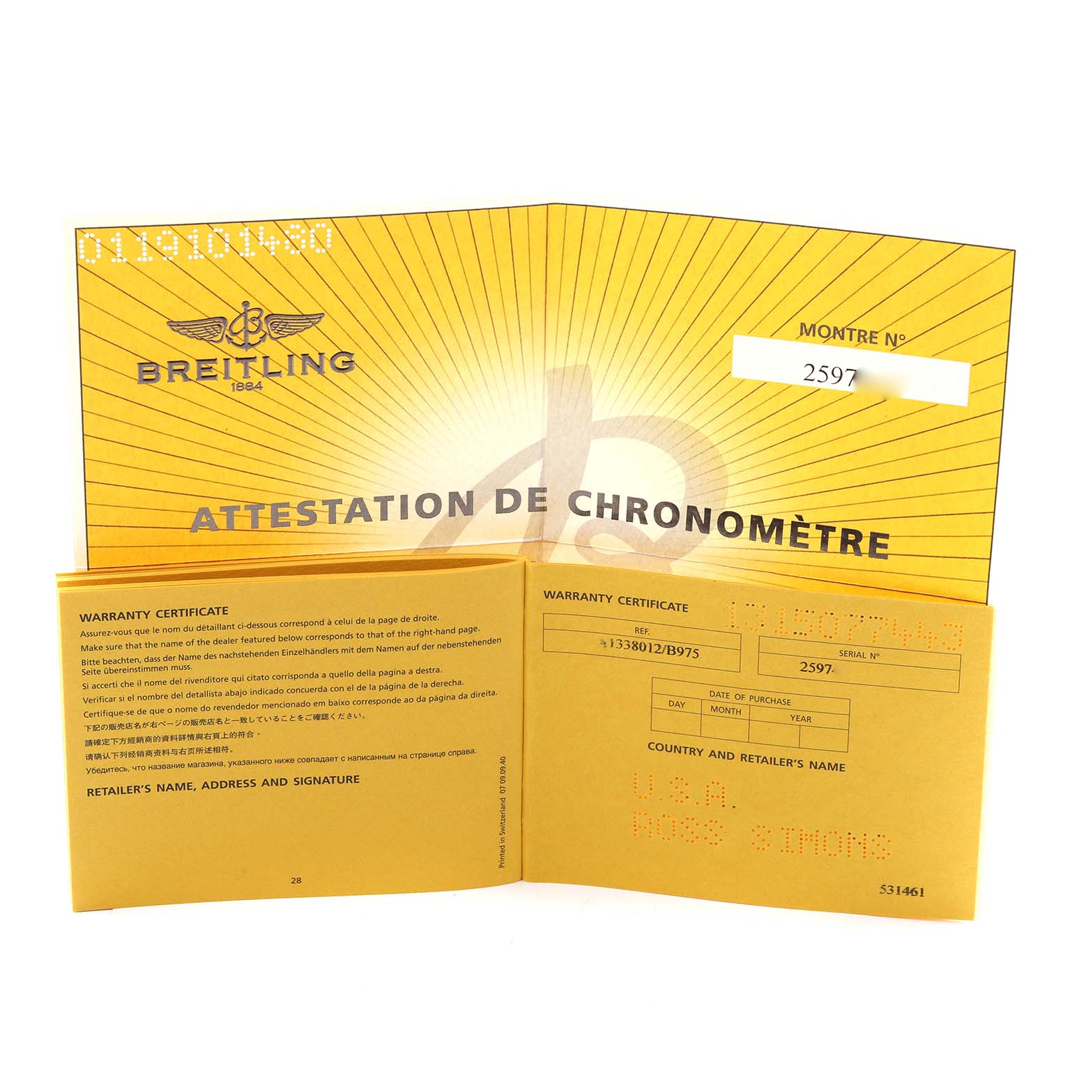 The image shows a Breitling Avenger A1338012/B975 Men's Stainless Steel Black Dial A1338012/B975 Men's Stainless Steel Black Dial warranty certificate booklet opened to display the "Attestation de Chronomètre" and warranty details.