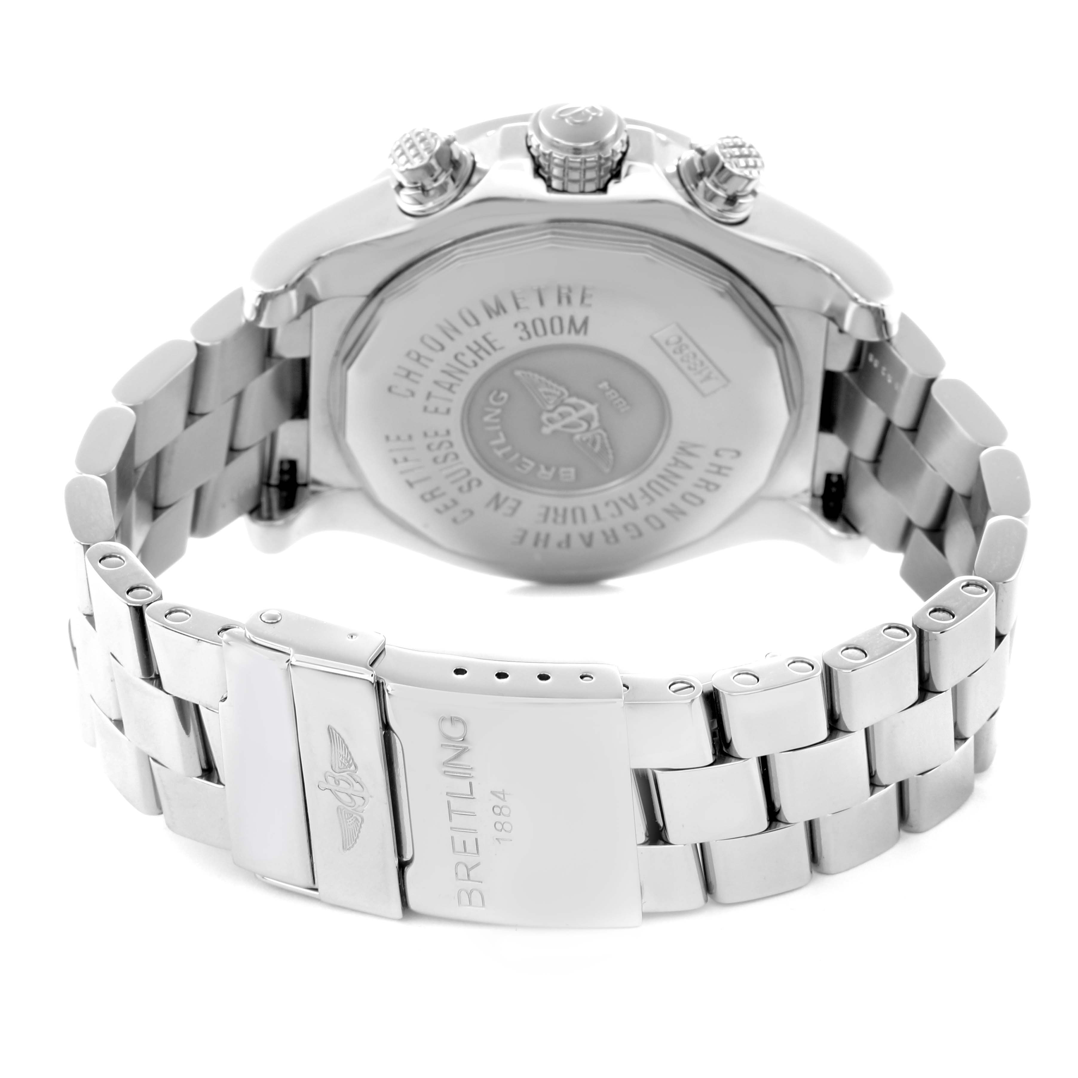 The Breitling Avenger A1338012/B975 Men's Stainless Steel Black Dial A1338012/B975 Men's Stainless Steel Black Dial watch is shown from the back, highlighting its clasp, case back, and bracelet.