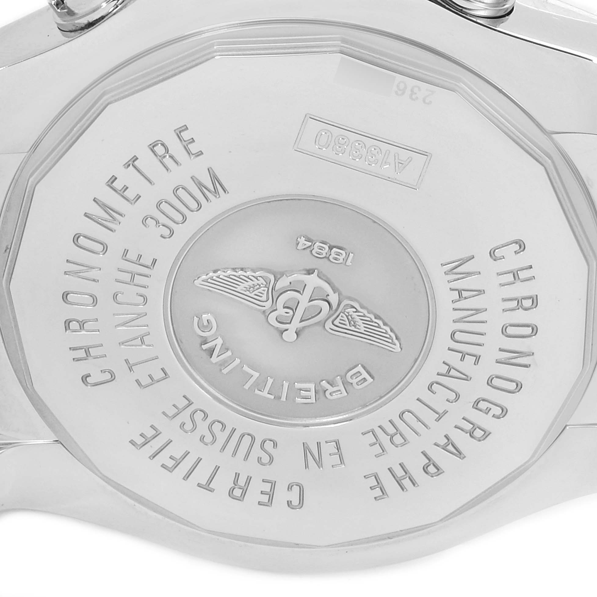 The image shows the case back of a Breitling Avenger A13381 Men's Stainless Steel Grey Dial A13381 Men's Stainless Steel Grey Dial watch, highlighting its engraved details.