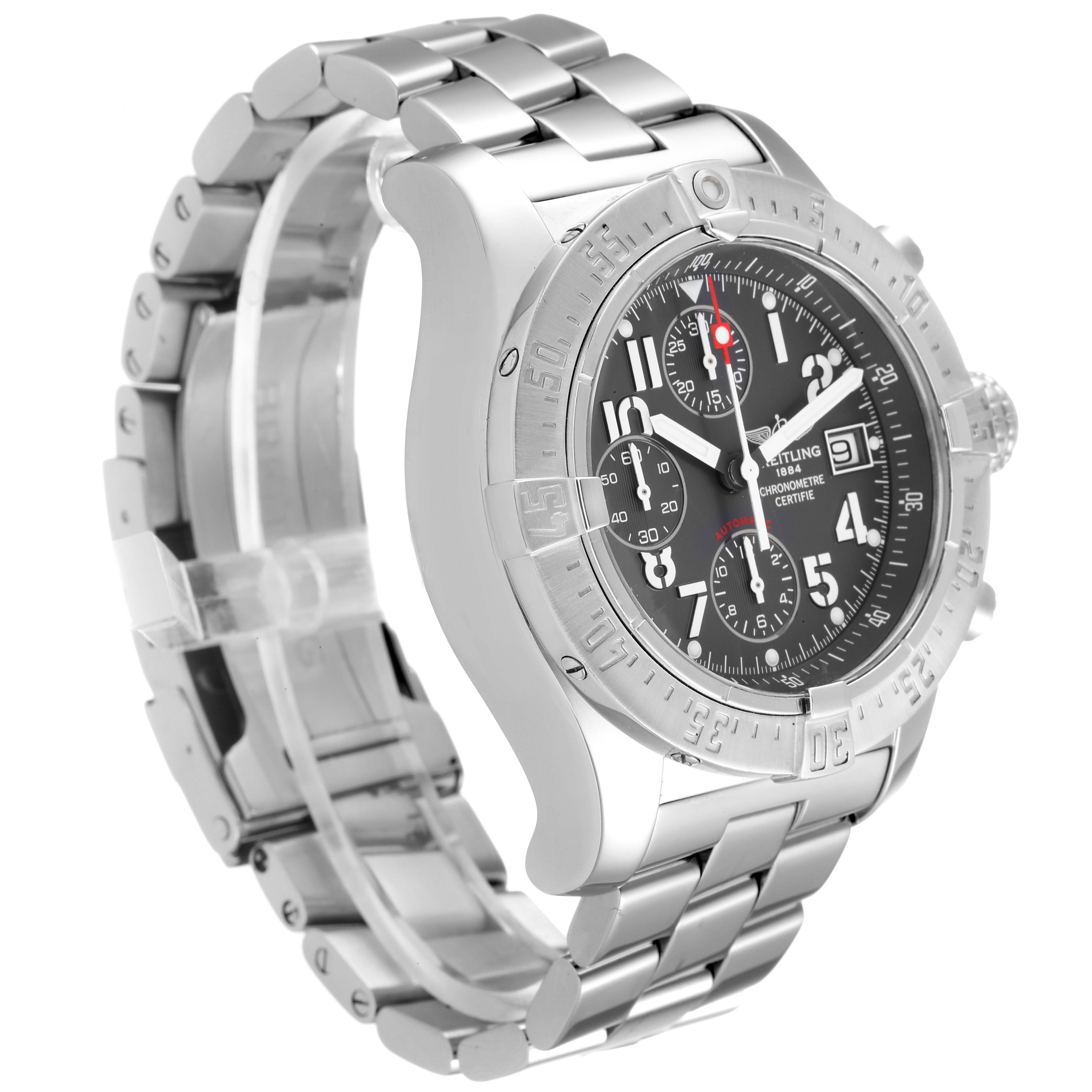 The image shows a side angle of the Breitling Avenger A13381 Men's Stainless Steel Grey Dial A13381 Men's Stainless Steel Grey Dial watch, highlighting its stainless steel bracelet, bezel, and chronograph dial.