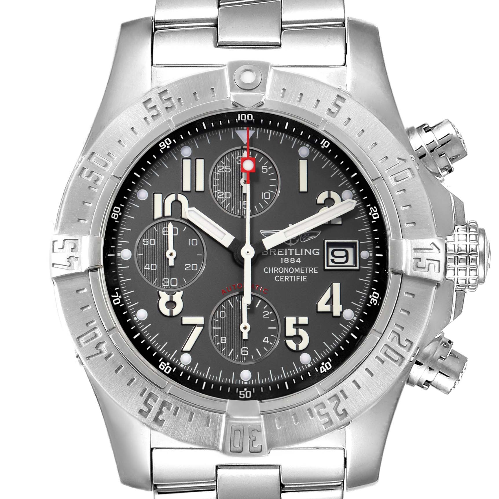 The image shows a front view of the Breitling Avenger A13381 Men's Stainless Steel Grey Dial A13381 Men's Stainless Steel Grey Dial watch, highlighting the dial, bezel, and part of the bracelet.