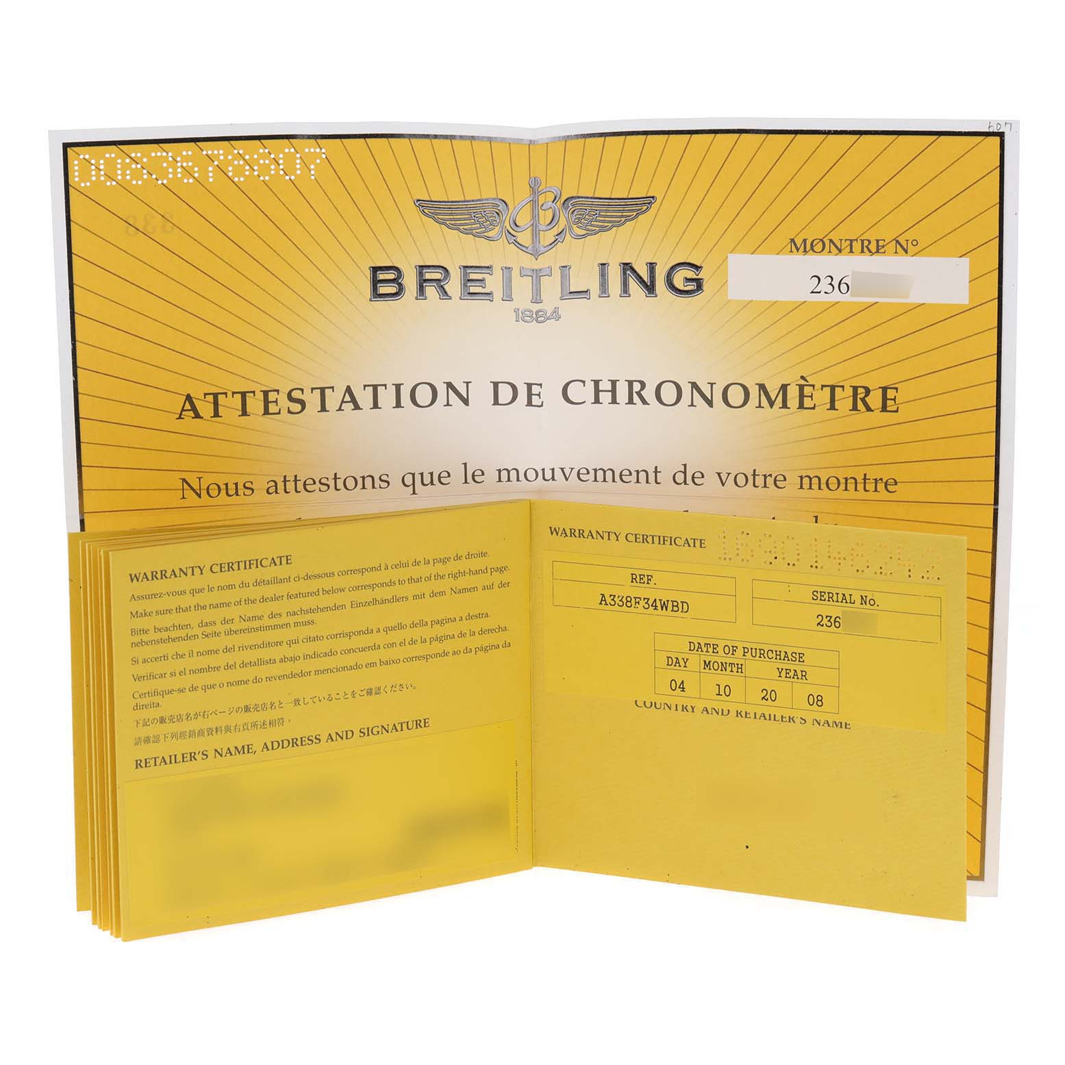 This image shows the warranty certificate for a Breitling Avenger A13381 Men's Stainless Steel Grey Dial A13381 Men's Stainless Steel Grey Dial watch, including the chronometer attestation document.
