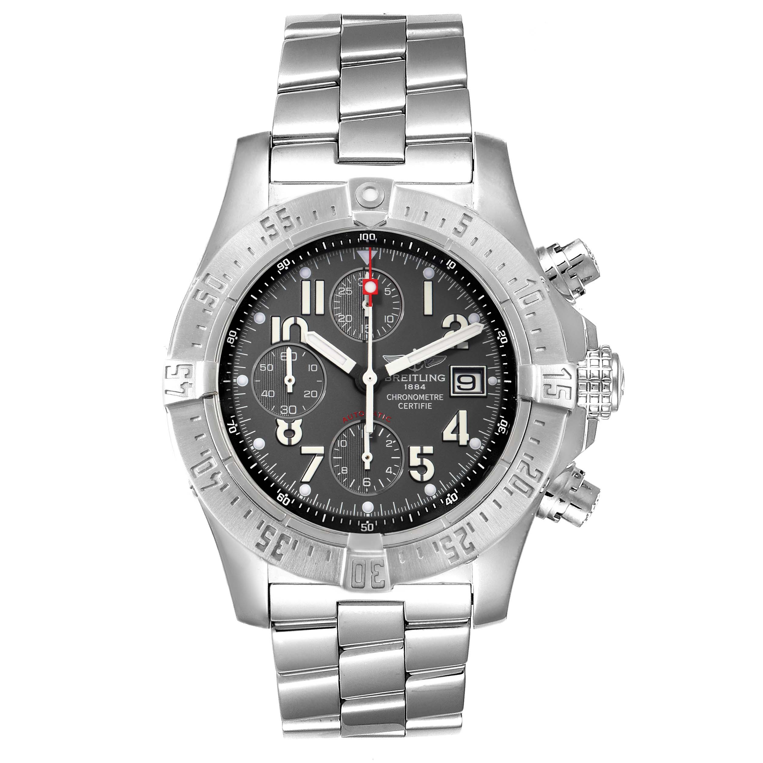 The image shows a front view of a Breitling Avenger A13381 Men's Stainless Steel Grey Dial A13381 Men's Stainless Steel Grey Dial watch, highlighting the dial, bezel, and stainless steel bracelet.