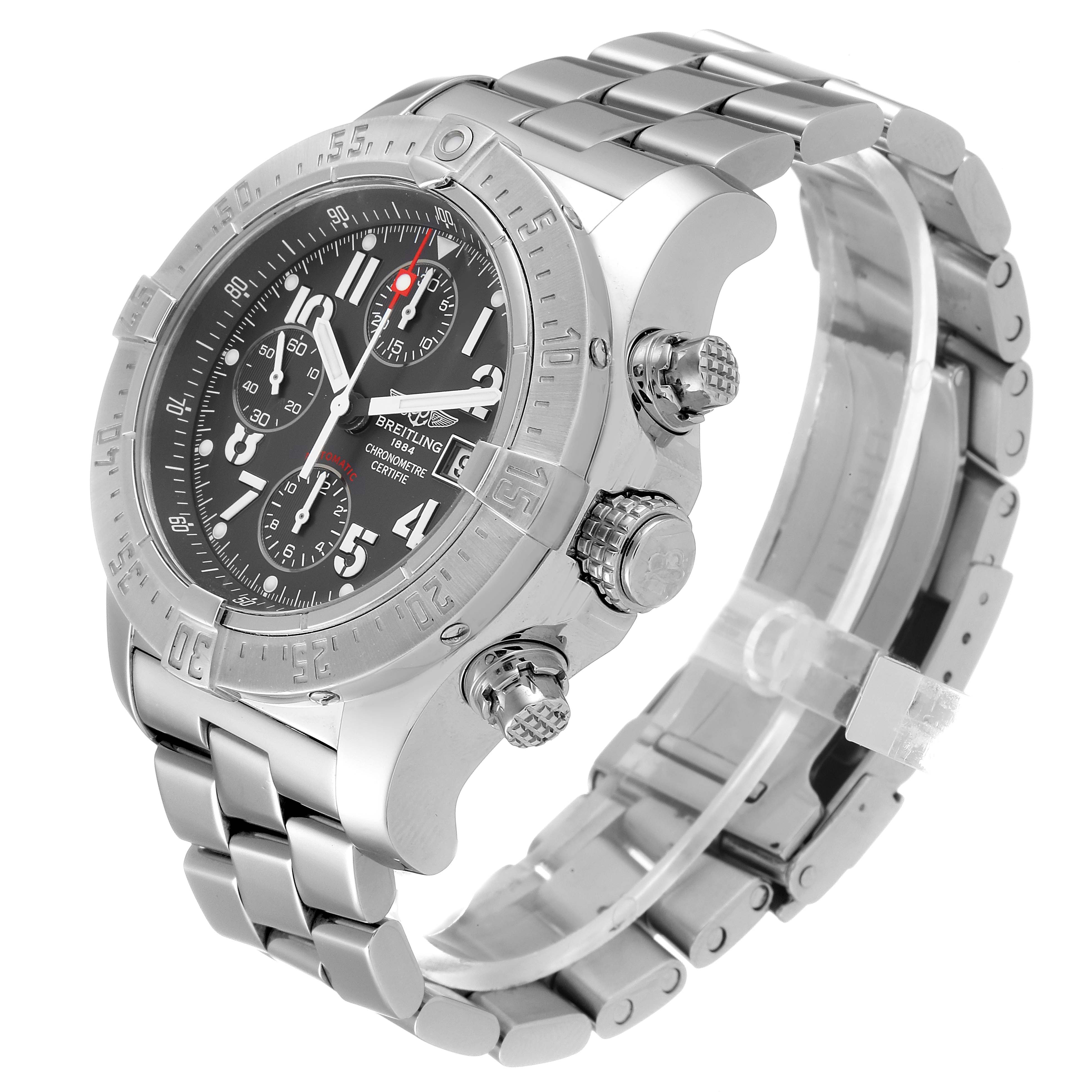 The image shows the Breitling Avenger A13381 Men's Stainless Steel Grey Dial A13381 Men's Stainless Steel Grey Dial watch at a front-side angle, highlighting its dial, bezel, and bracelet.