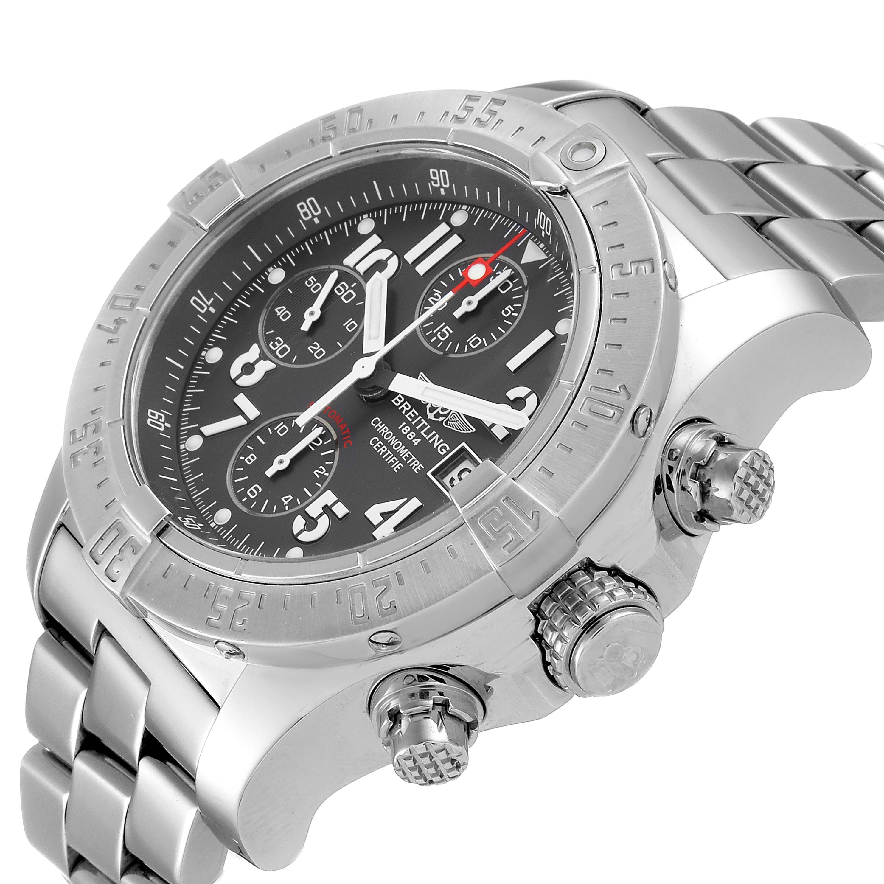 The image shows a Breitling Avenger A13381 Men's Stainless Steel Grey Dial A13381 Men's Stainless Steel Grey Dial watch from an angled view highlighting the bezel, dial, chronograph subdials, and metal bracelet.