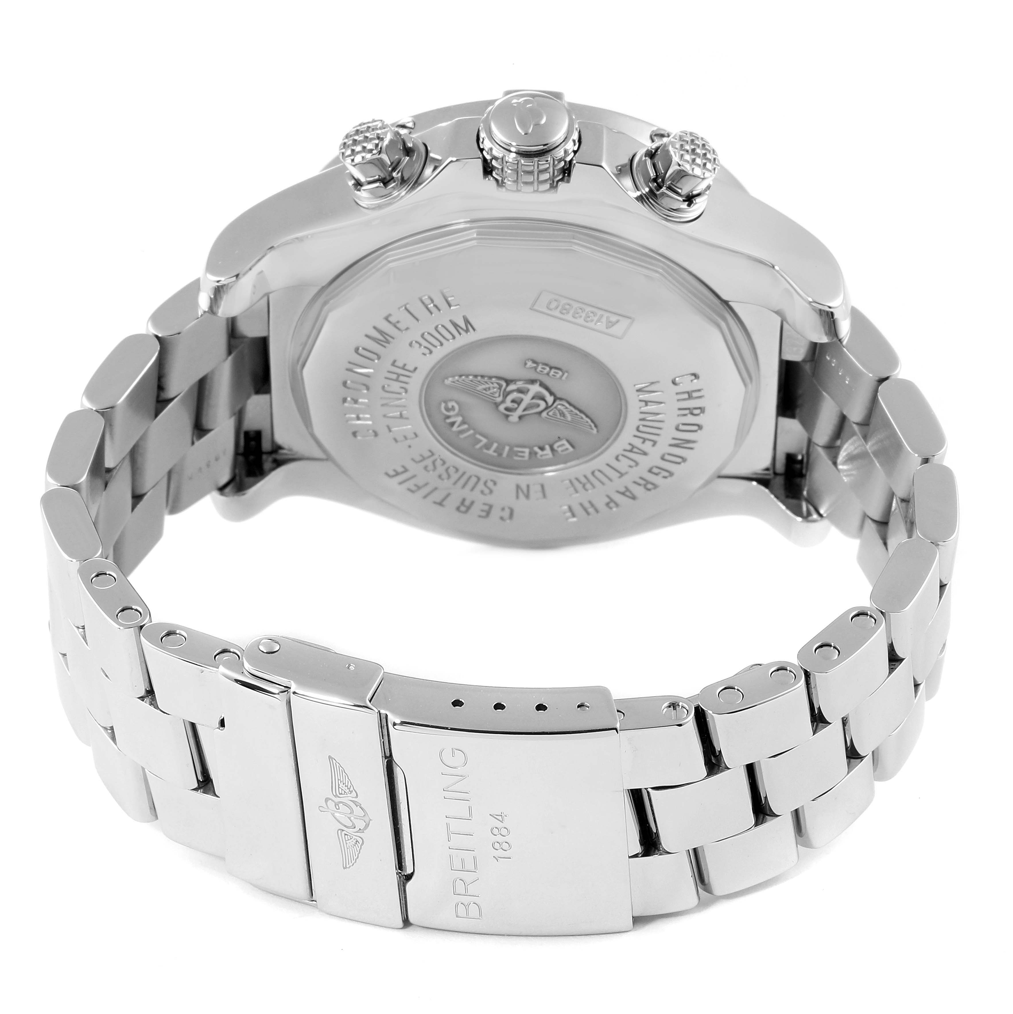 The image shows the case back and bracelet of a Breitling Avenger A13381 Men's Stainless Steel Grey Dial A13381 Men's Stainless Steel Grey Dial watch, including the clasp and crown.