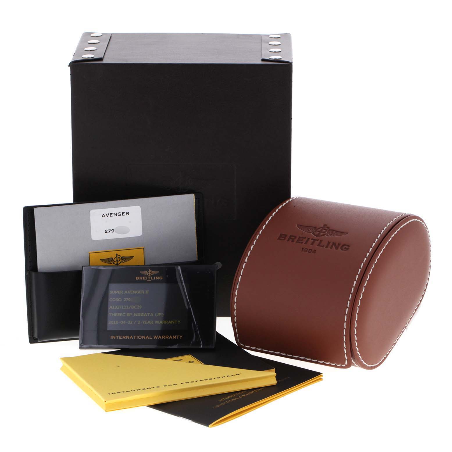 The image shows a Breitling Avenger A13371 Men
s Stainless Steel Black Dial A13371 Men
s Stainless Steel Black Dial box, leather watch case, warranty card, and manuals.