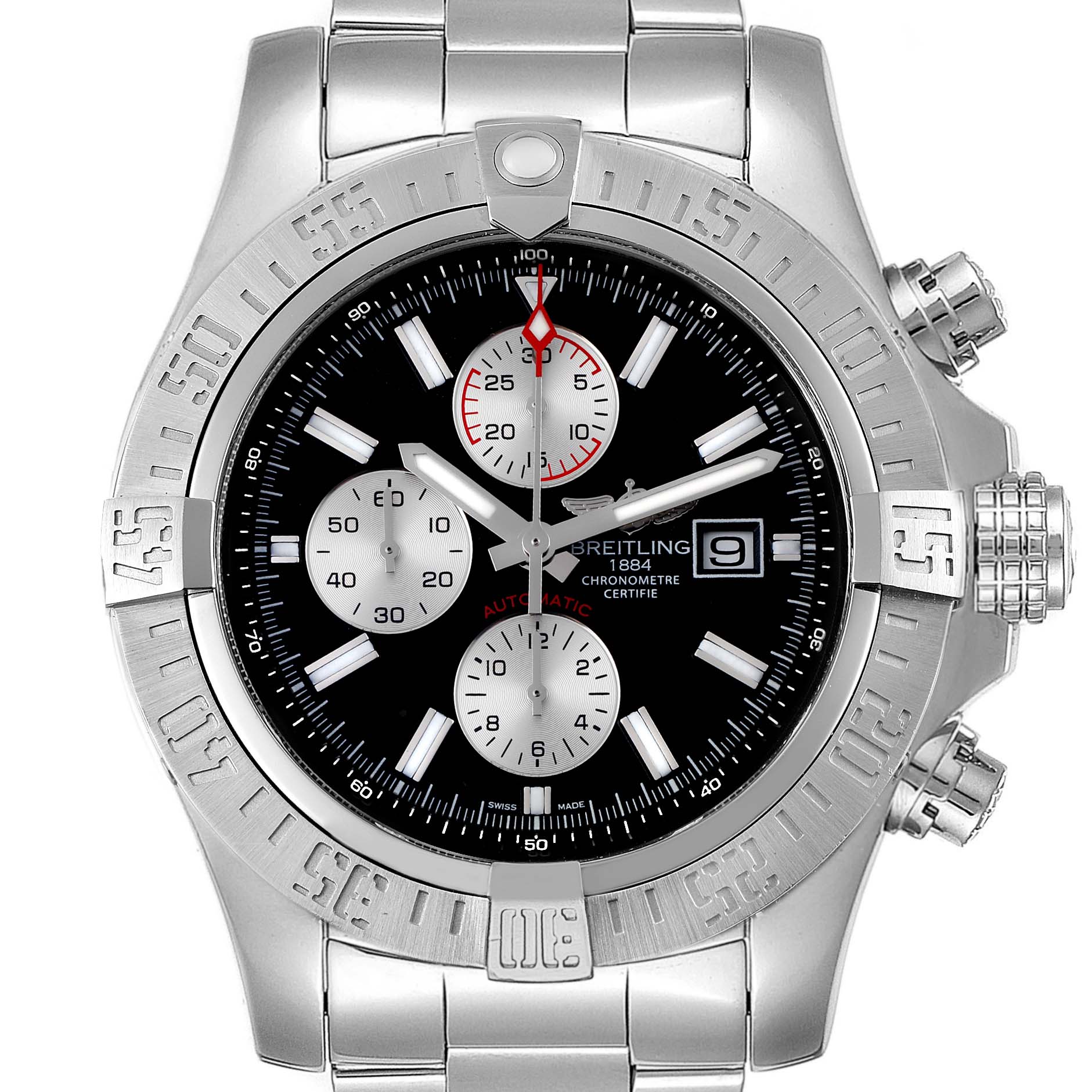 The image shows a front view of the Breitling Avenger A13371 Men
s Stainless Steel Black Dial A13371 Men
s Stainless Steel Black Dial model watch including its bezel, dial, chronograph subdials, and date window.