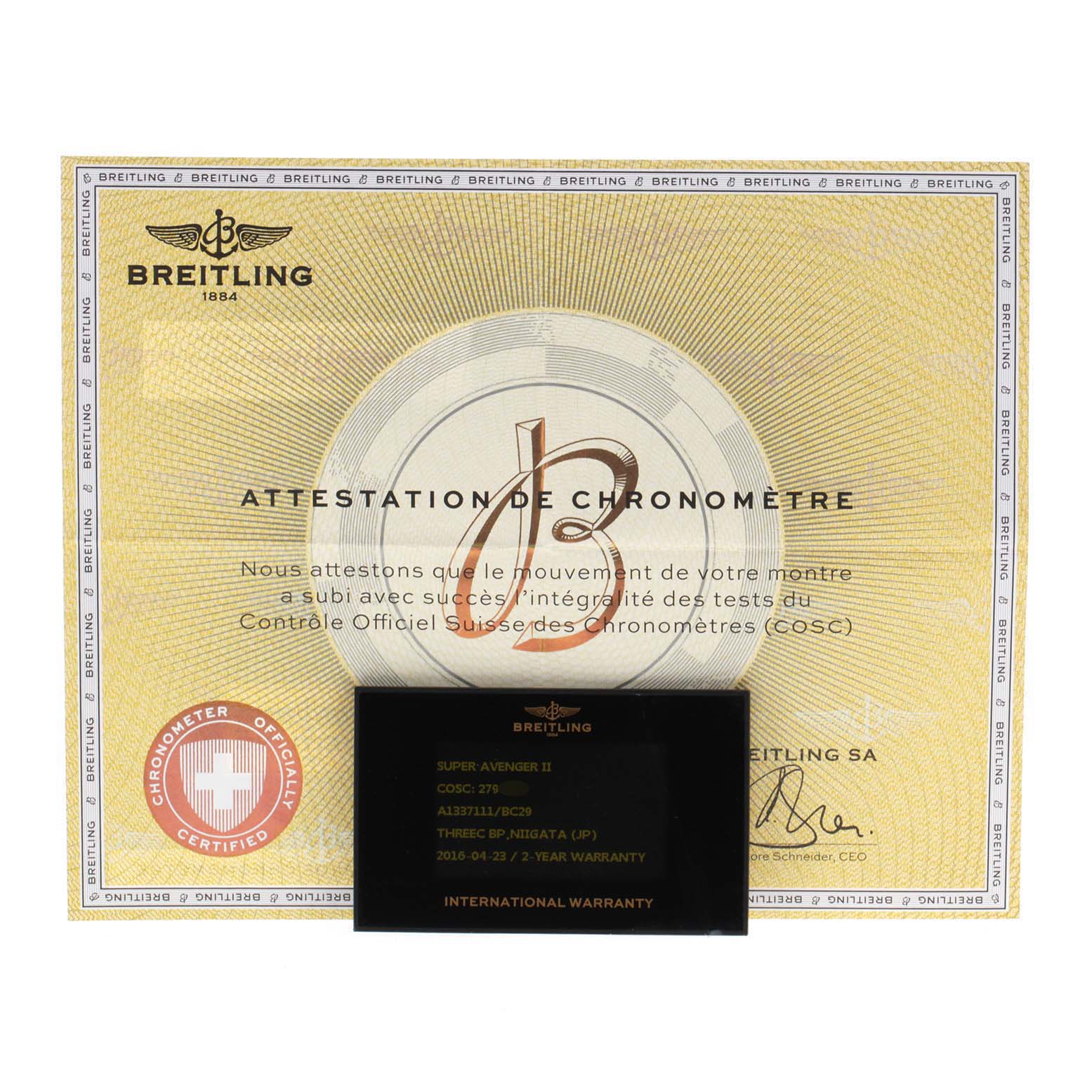 The image shows the Breitling Avenger A13371 Men
s Stainless Steel Black Dial A13371 Men
s Stainless Steel Black Dial model
s chronometer certificate and international warranty card.