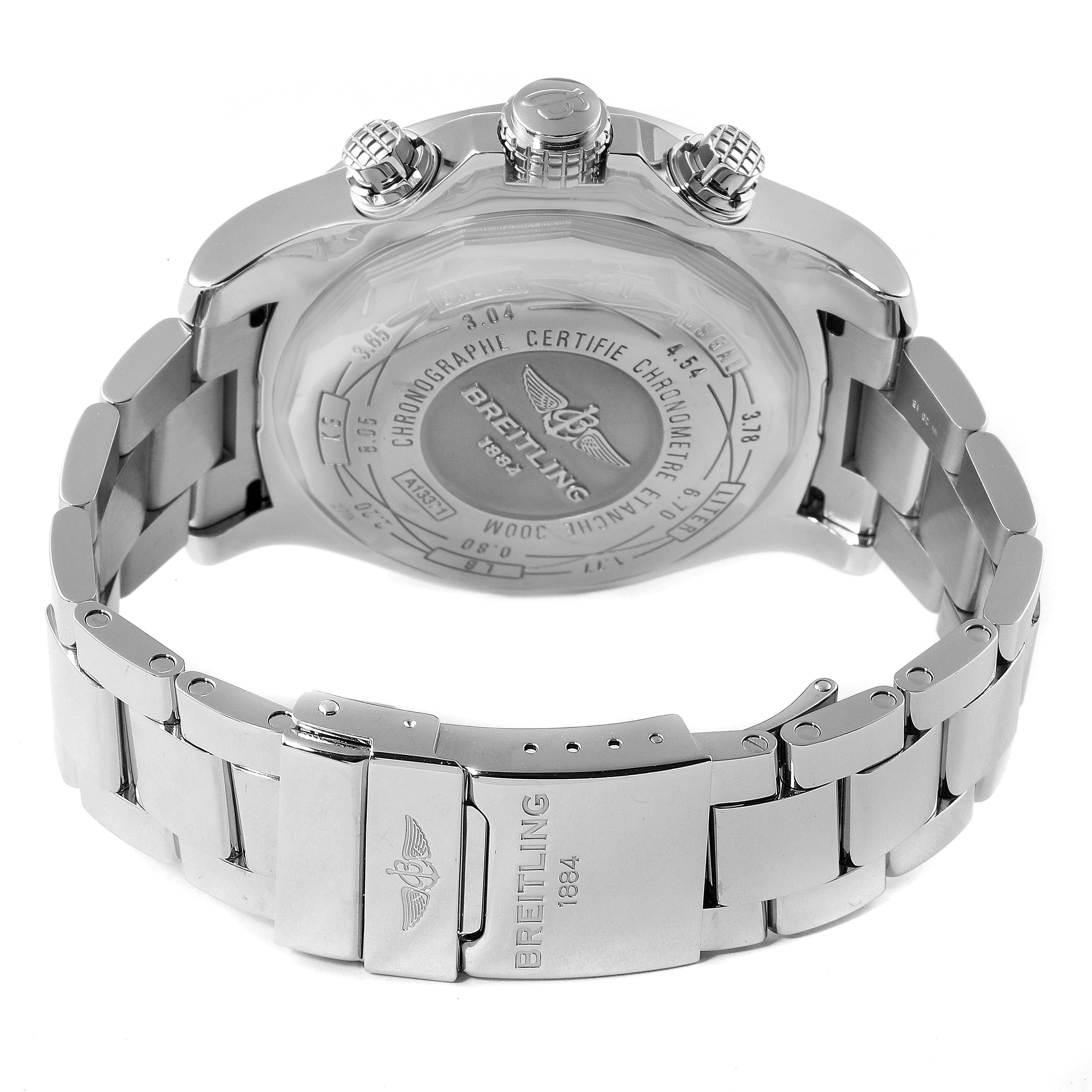 The image shows the back view of the Breitling Avenger A13371 Men
s Stainless Steel Black Dial A13371 Men
s Stainless Steel Black Dial watch, highlighting its case back, bracelet, and clasp.