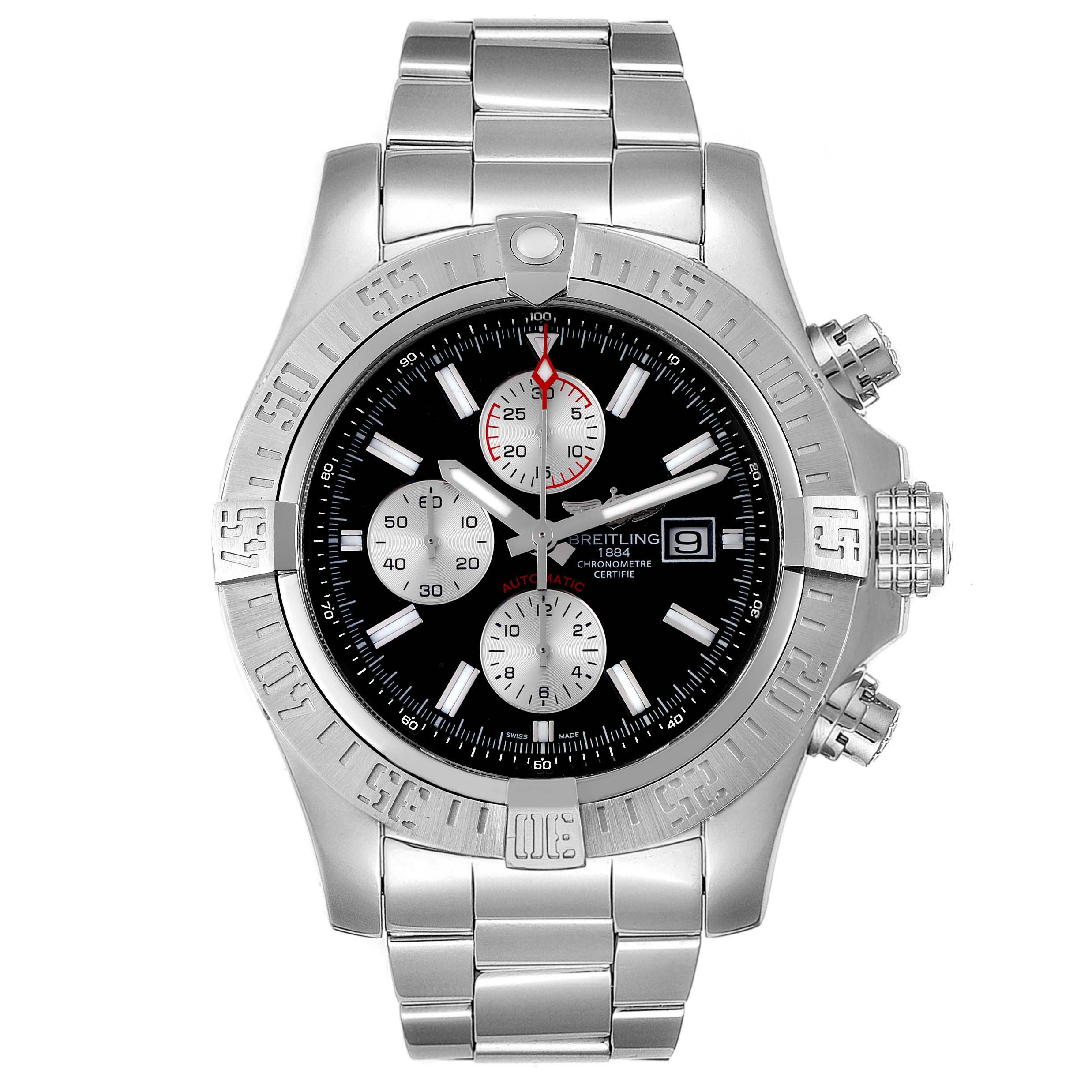 The image shows a Breitling Avenger A13371 Men
s Stainless Steel Black Dial A13371 Men
s Stainless Steel Black Dial watch from a front angle, highlighting its face, bezel, and bracelet.