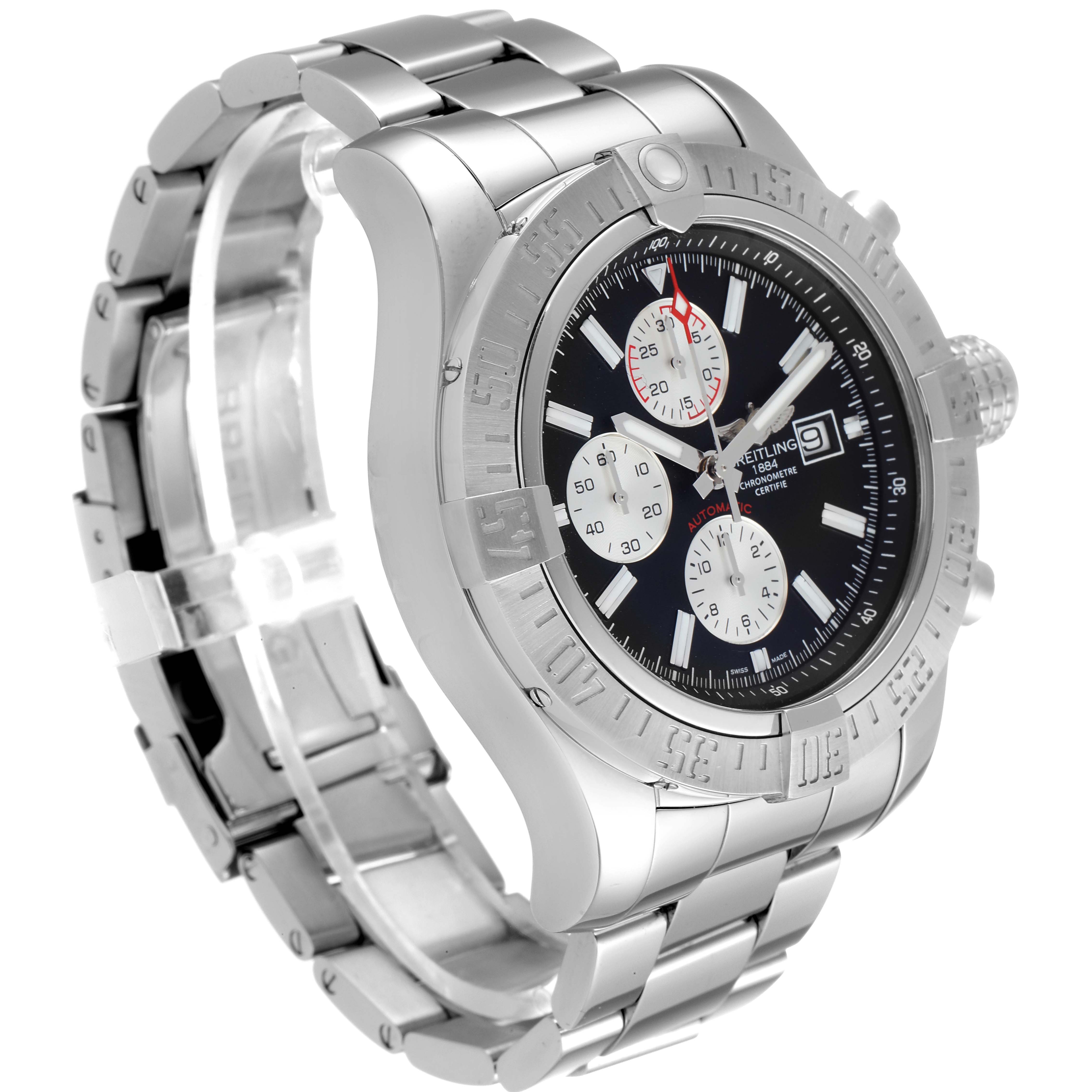 The image shows a side and front-angle view of a Breitling Avenger A13371 Men
s Stainless Steel Black Dial A13371 Men
s Stainless Steel Black Dial watch, highlighting its face, bezel, and stainless steel bracelet.