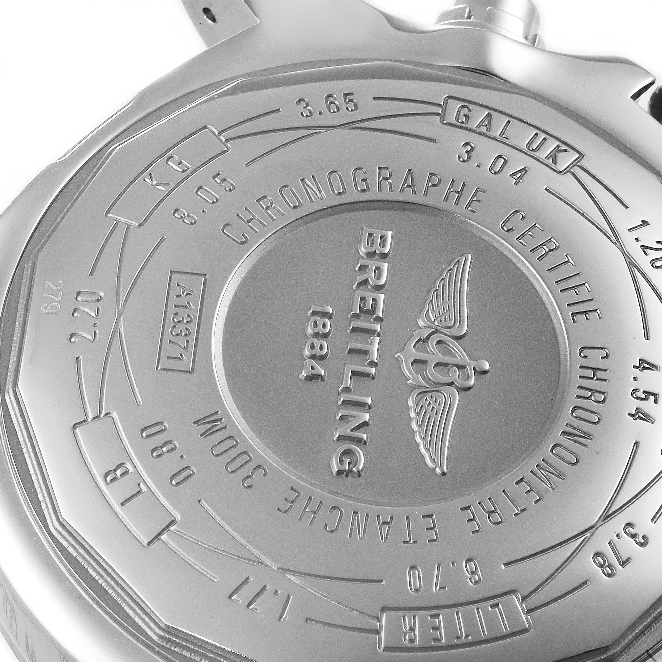 The image shows the back case of a Breitling Avenger A13371 Men
s Stainless Steel Black Dial A13371 Men
s Stainless Steel Black Dial watch, highlighting engravings and the brand logo.