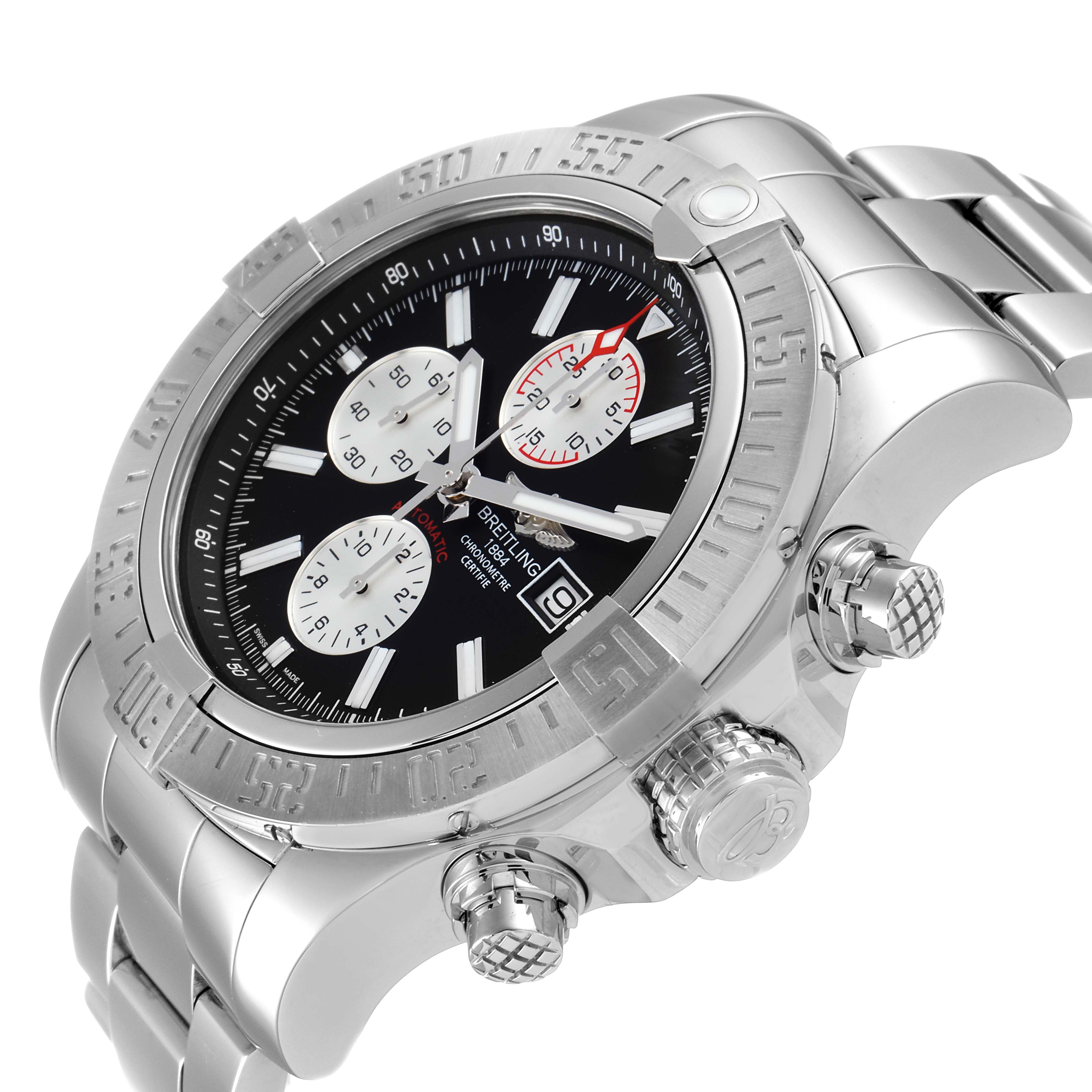 This image shows a side and front angled view of the Breitling Avenger A13371 Men
s Stainless Steel Black Dial A13371 Men
s Stainless Steel Black Dial watch, highlighting its bezel, crown, and chronograph dials.