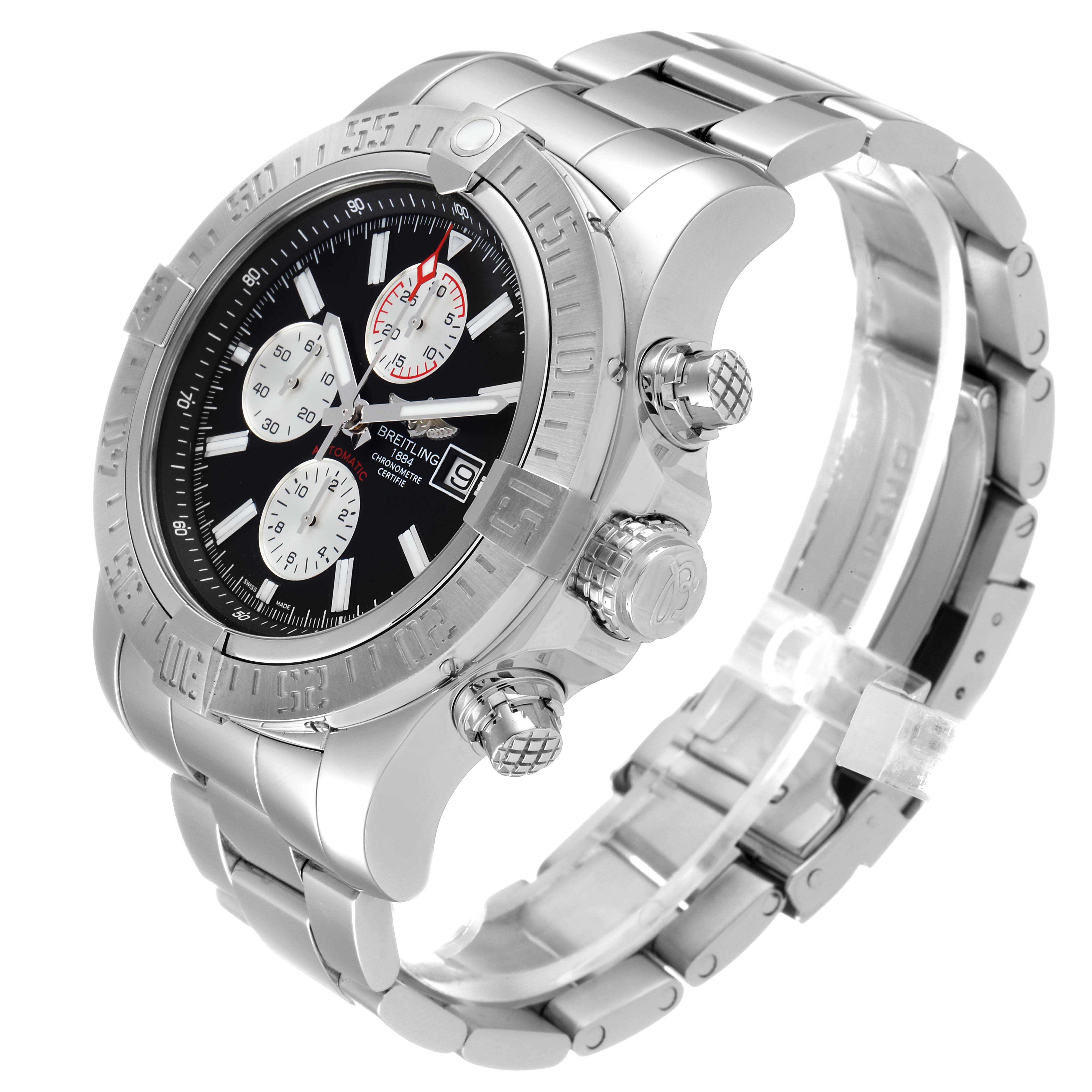 The image shows a Breitling Avenger A13371 Men
s Stainless Steel Black Dial A13371 Men
s Stainless Steel Black Dial watch angled slightly from the side, displaying the face, bezel, crown, pushers, and bracelet.