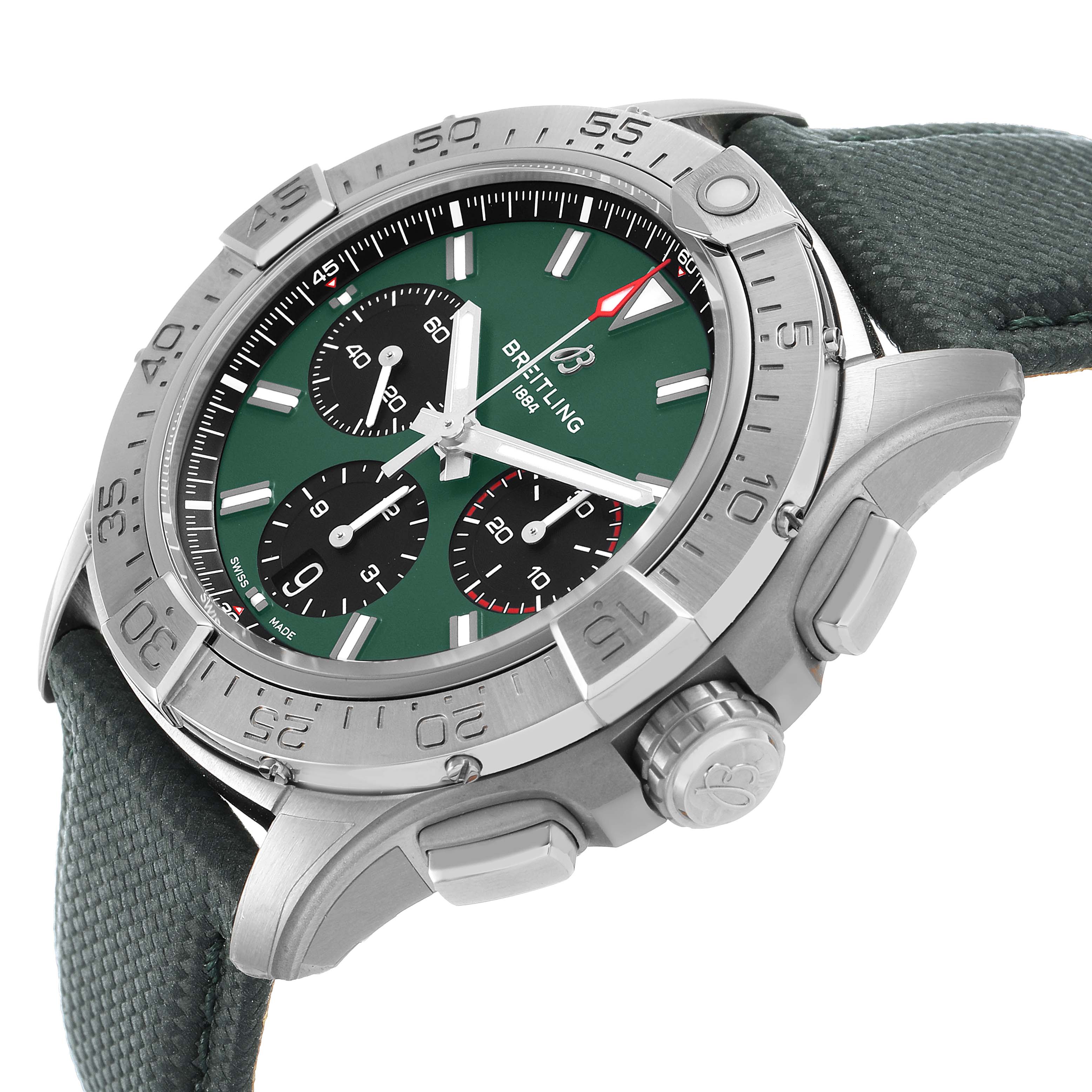 The Breitling Avenger AB0146 Men's Stainless Steel Green Dial watch is shown from a side angle featuring the bezel, dial, pushers, and crown.