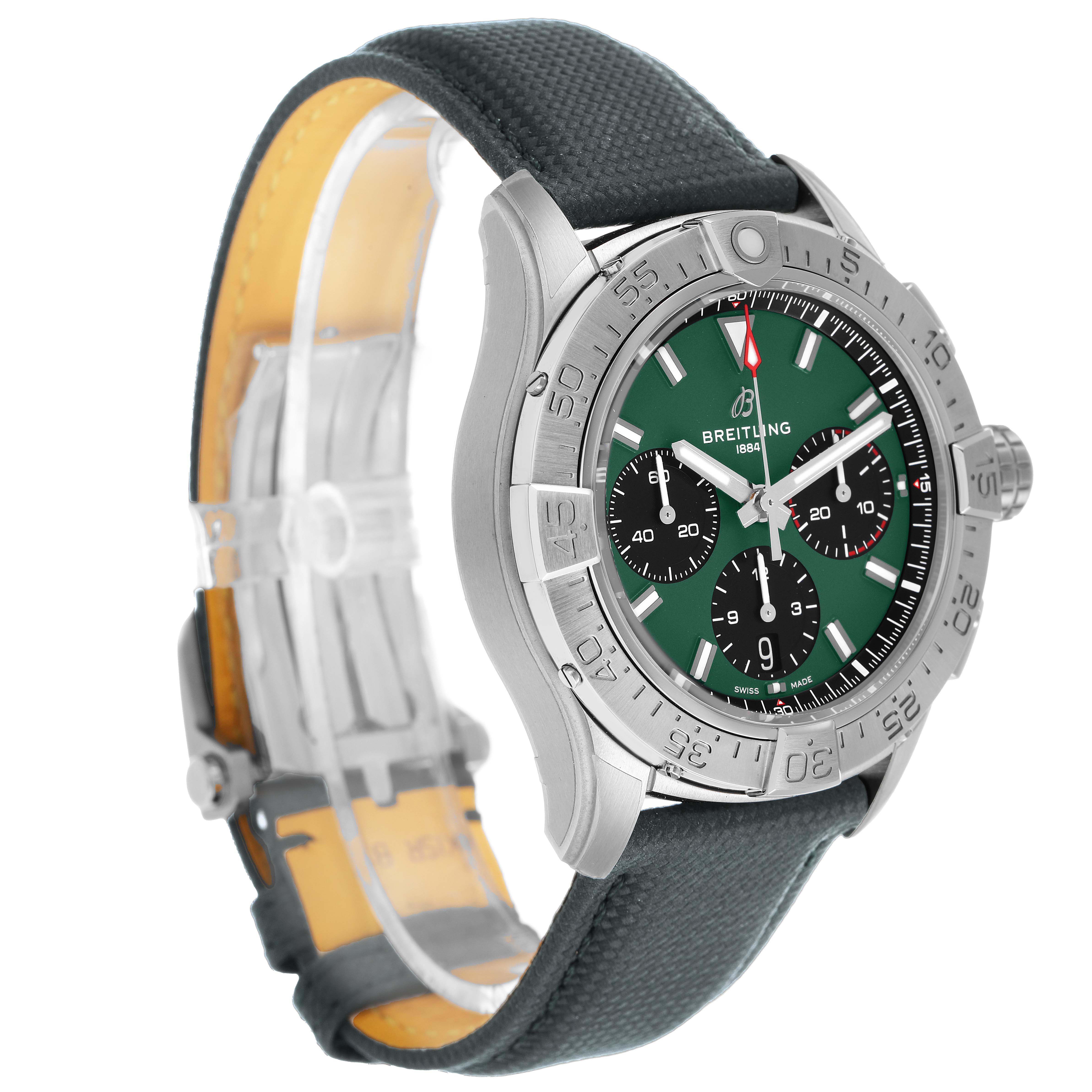 The Breitling Avenger AB0146 Men's Stainless Steel Green Dial watch is shown at a side angle, highlighting the case, bezel, dial, and leather strap.