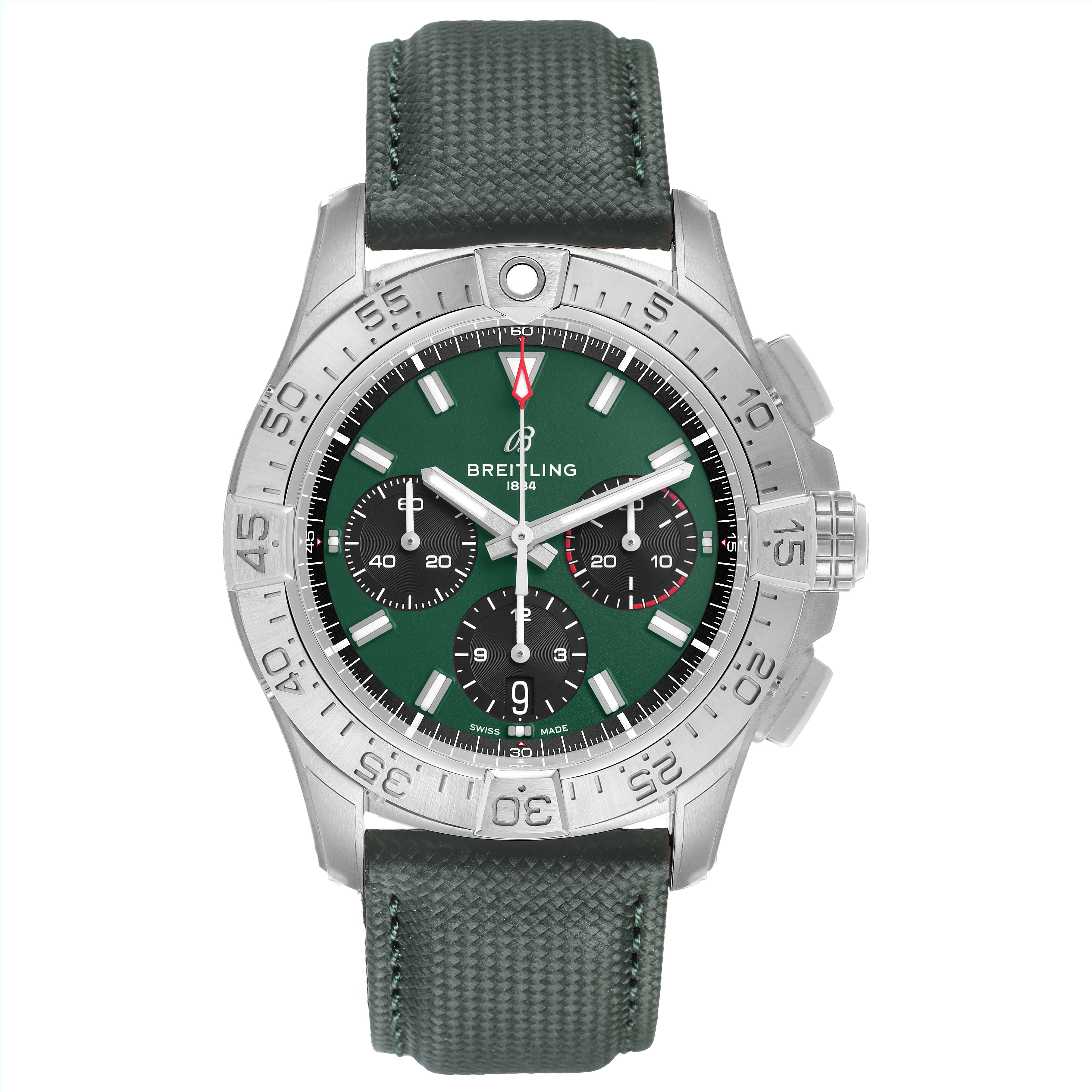 The image shows a front angle of the Breitling Avenger AB0146 Men's Stainless Steel Green Dial watch, highlighting its green dial, bezel, and strap.