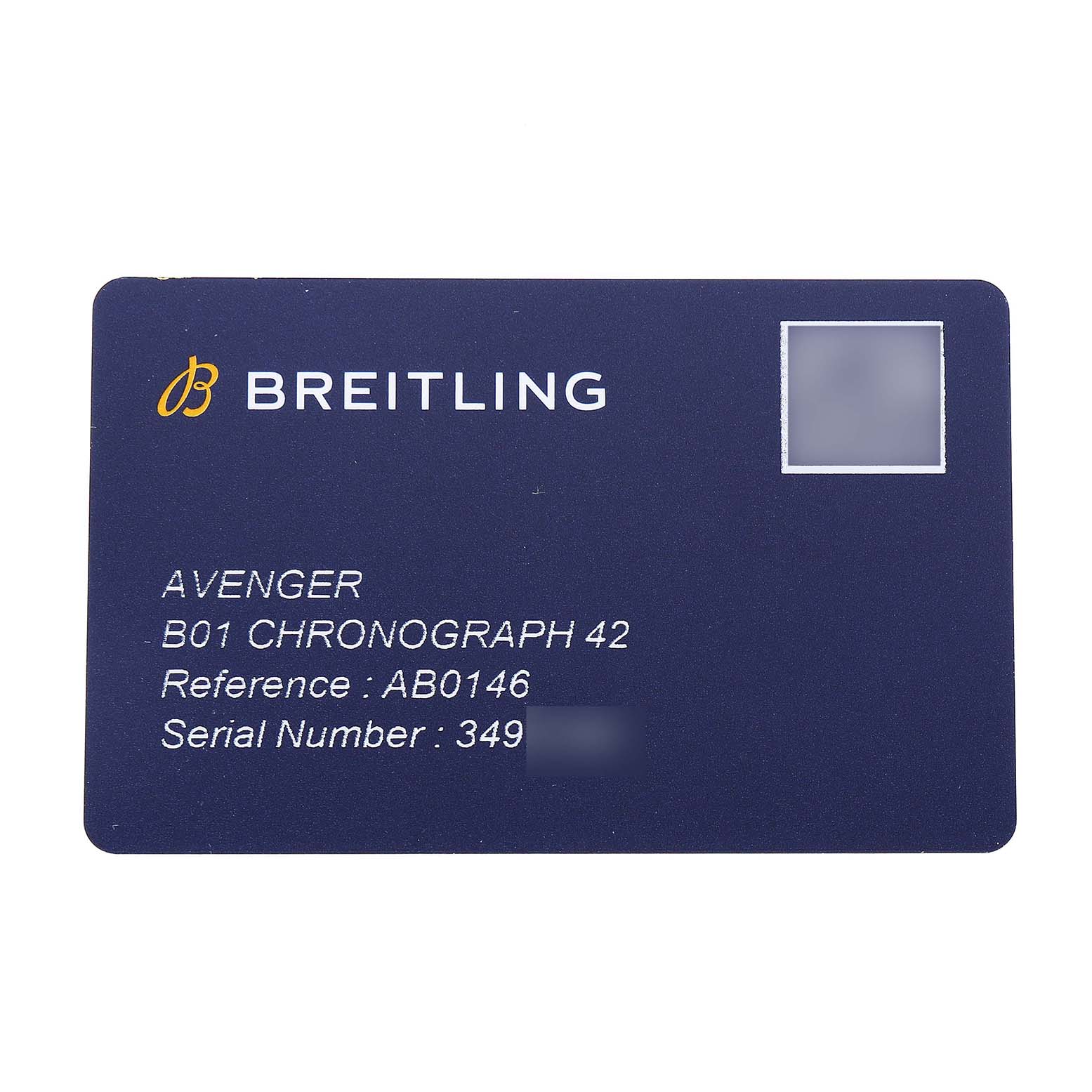 This image shows a Breitling Avenger AB0146 Men's Stainless Steel Green Dial warranty card featuring model and serial details.