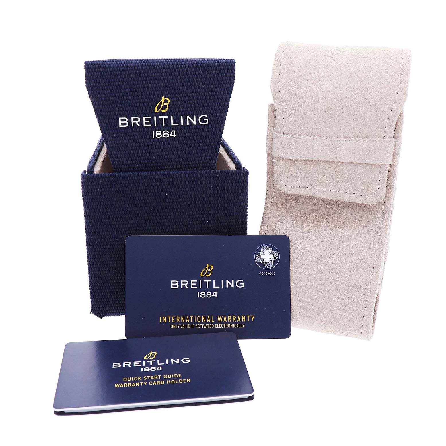 This image shows the Breitling Avenger AB0146 Men's Stainless Steel Green Dial accessories, including a watch box, warranty card, and leather pouch, from a front angle.