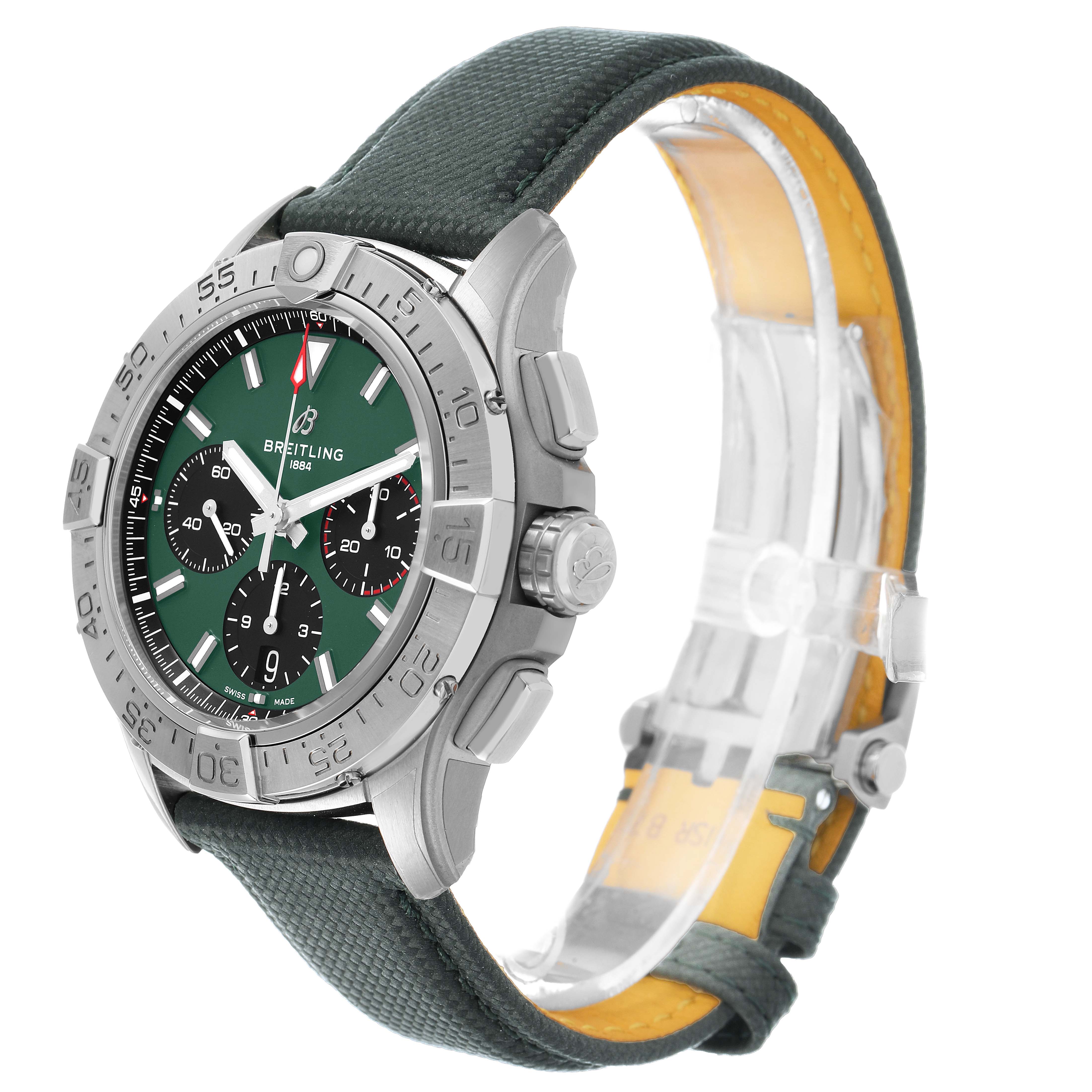 The Breitling Avenger AB0146 Men's Stainless Steel Green Dial watch is shown at a slight angle, highlighting the bezel, crown, and green strap.