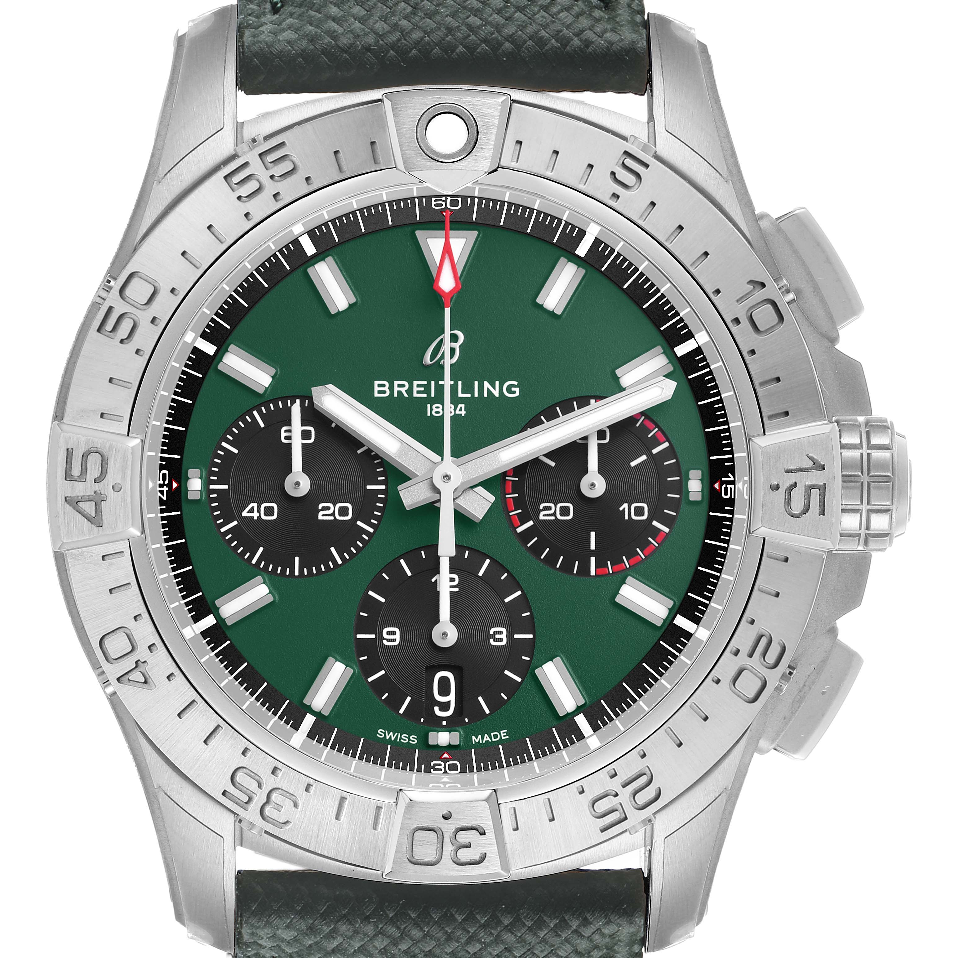 The Breitling Avenger AB0146 Men's Stainless Steel Green Dial watch is shown from a front angle, highlighting the bezel, dial, subdials, and crown.