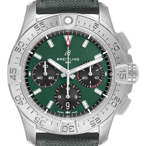 The image shows a frontal view of a Breitling Avenger AB0146 Men's Stainless Steel Green Dial watch, highlighting its green dial, subdials, and a metal bezel.
