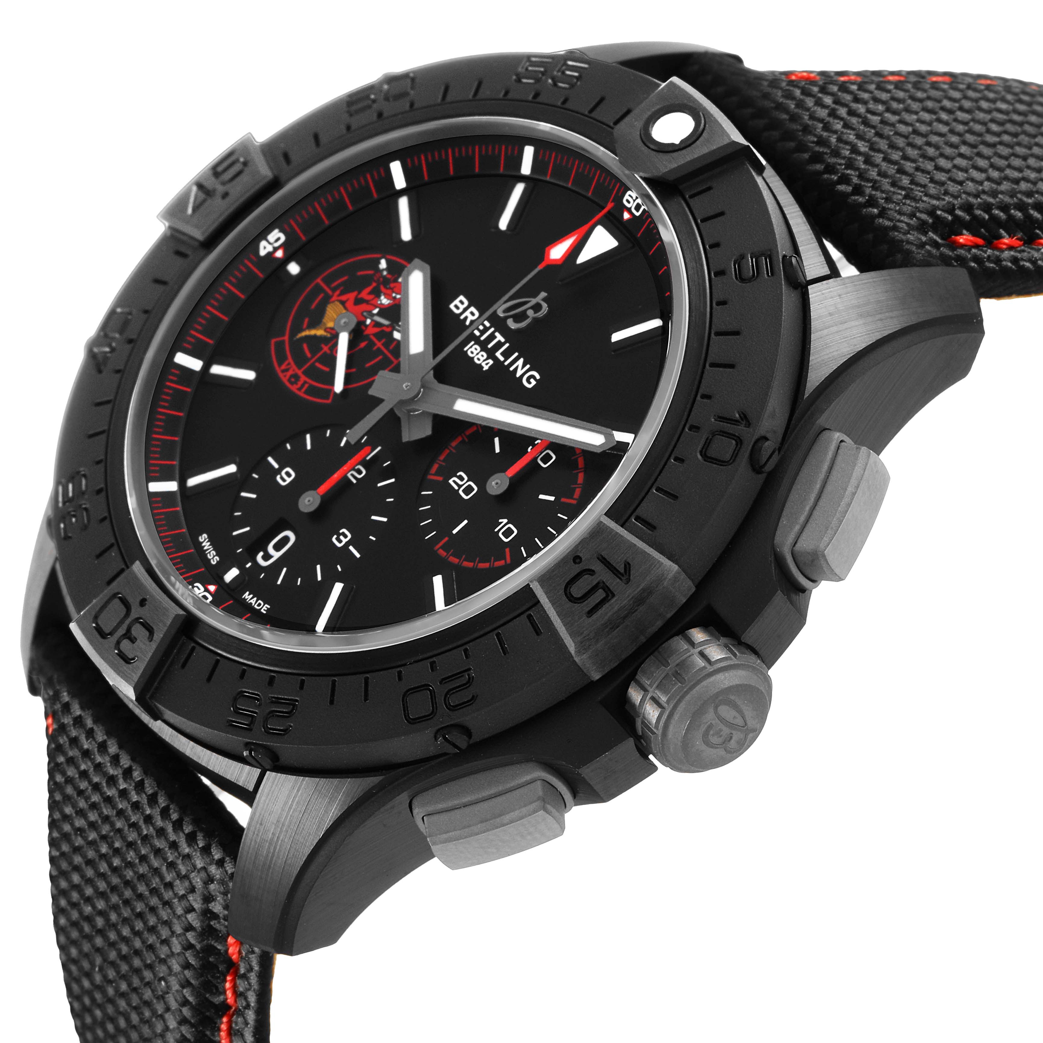 The Breitling Avenger SB01473A1B1X1 Men's Ceramic Black Dial watch is angled to show the face, bezel, crown, and strap with a focus on its textured details.