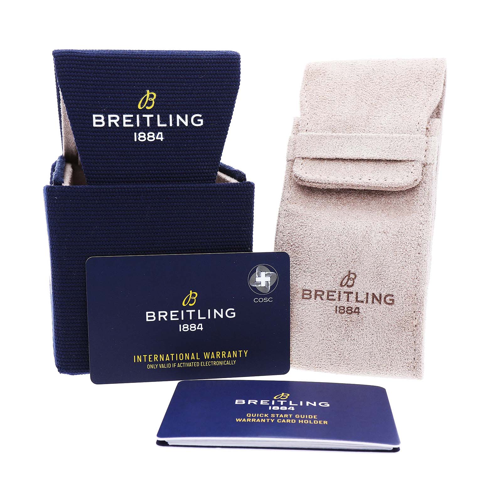 The image shows an upright Breitling Avenger SB01473A1B1X1 Men's Ceramic Black Dial watch box, warranty card, guide, and a pouch, featuring the brand's logo.