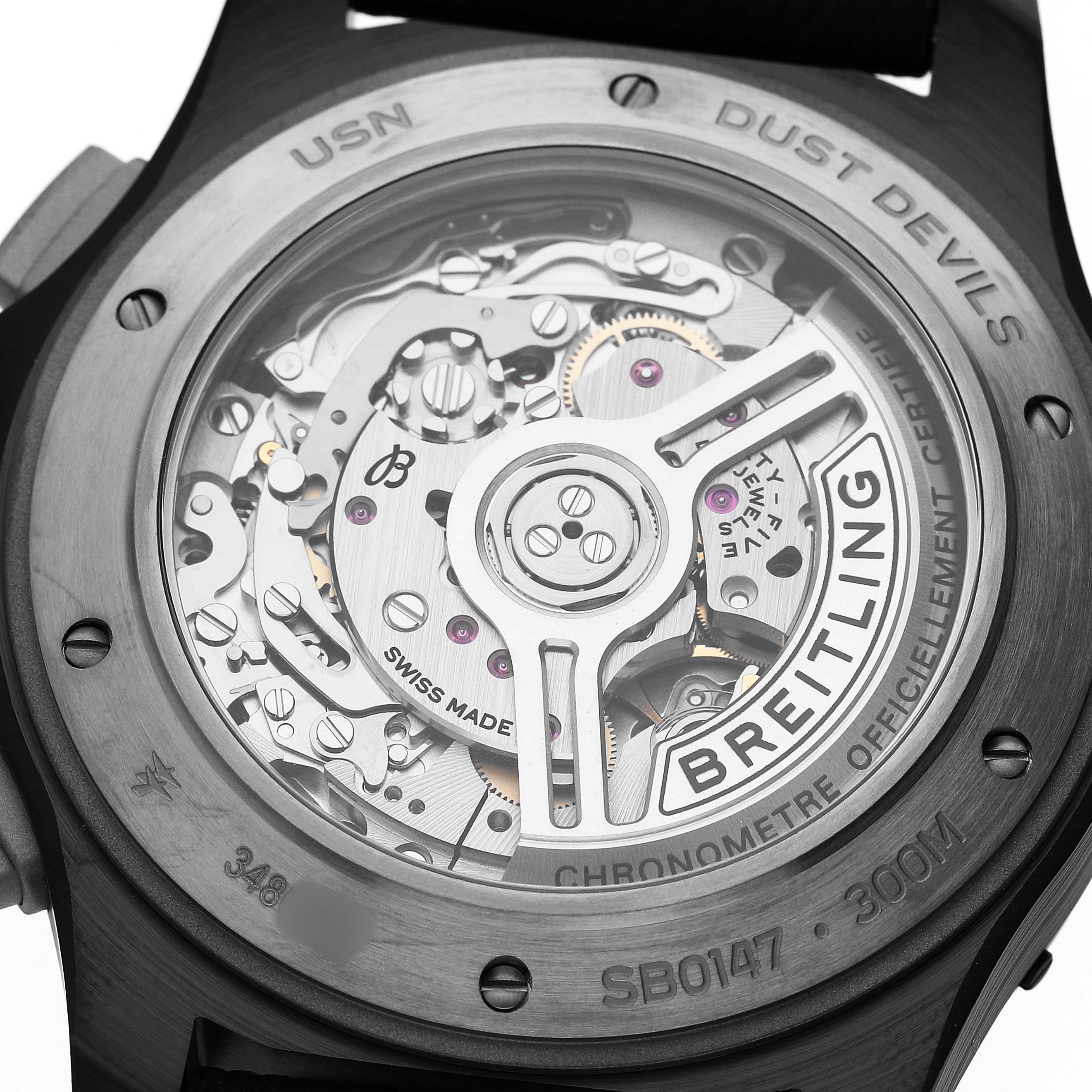 The image shows the back of a Breitling Avenger SB01473A1B1X1 Men's Ceramic Black Dial, highlighting its movement and rotor through a clear case back.