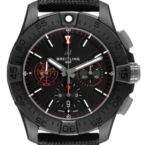 The Breitling Avenger SB01473A1B1X1 Men's Ceramic Black Dial watch is shown from the front, highlighting its black dial, bezel, and chronograph subdials.