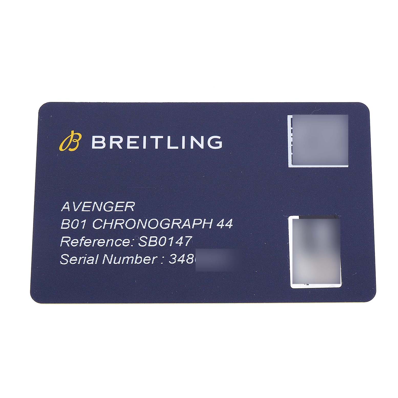 The image shows a Breitling Avenger SB01473A1B1X1 Men's Ceramic Black Dial B01 Chronograph 44 watch card, displaying model, reference, and serial number details.