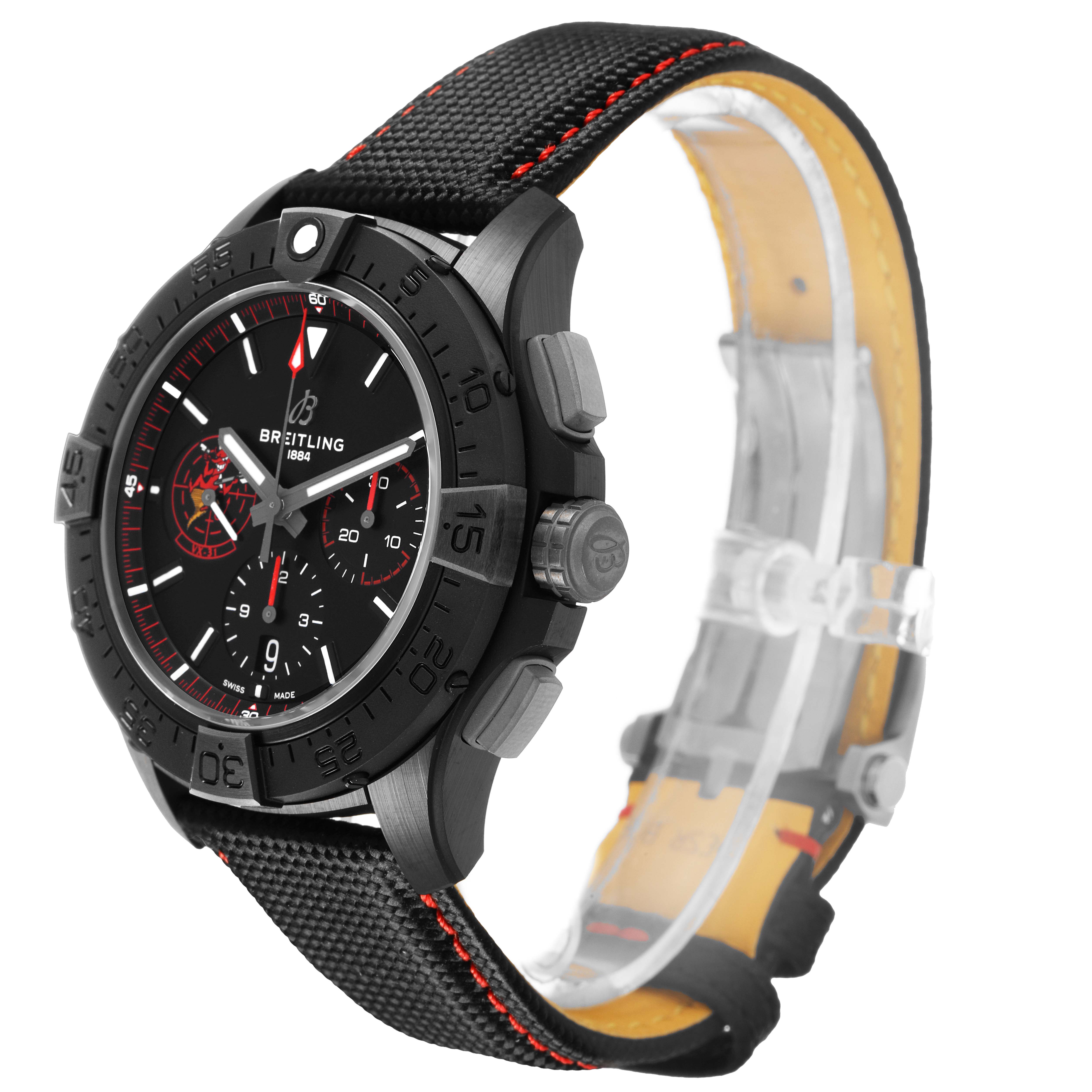 The Breitling Avenger SB01473A1B1X1 Men's Ceramic Black Dial watch is shown at a three-quarter angle, displaying the face, bezel, crown, pushers, and strap.