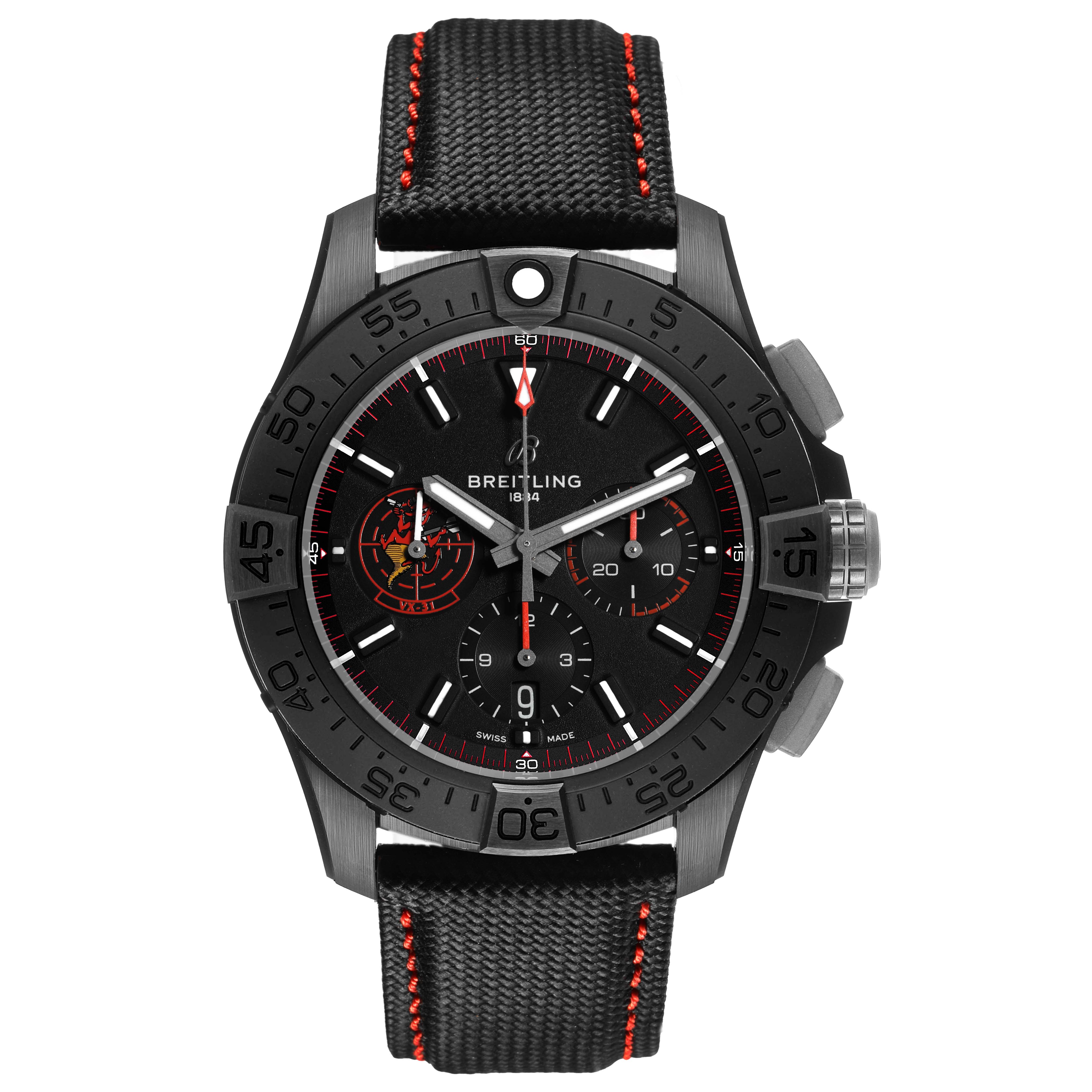The Breitling Avenger SB01473A1B1X1 Men's Ceramic Black Dial watch is shown from the front, highlighting the face, bezel, crown, and strap with red stitching.