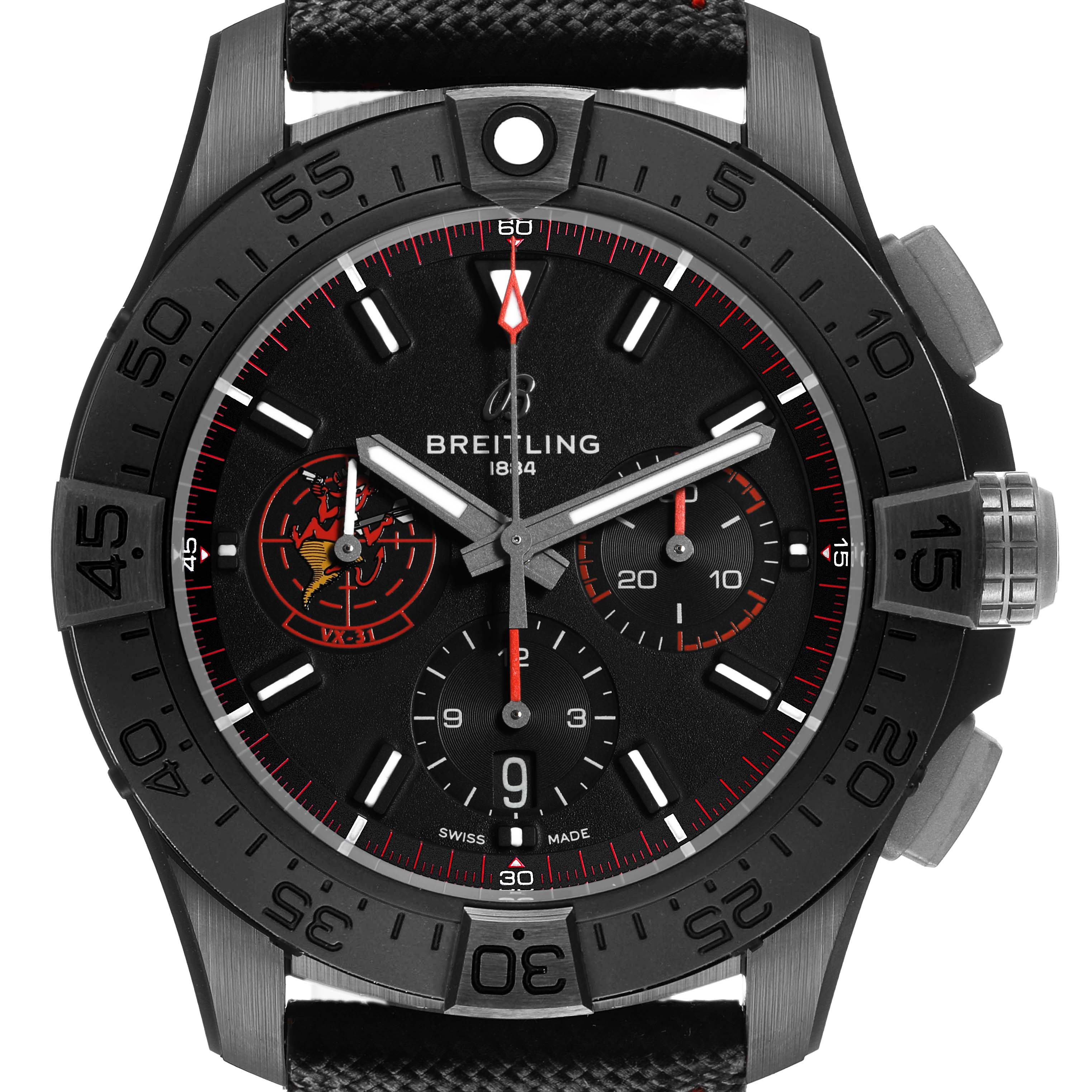 The Breitling Avenger SB01473A1B1X1 Men's Ceramic Black Dial watch is shown from the front, highlighting its bezel, dial, subdials, and pushers.