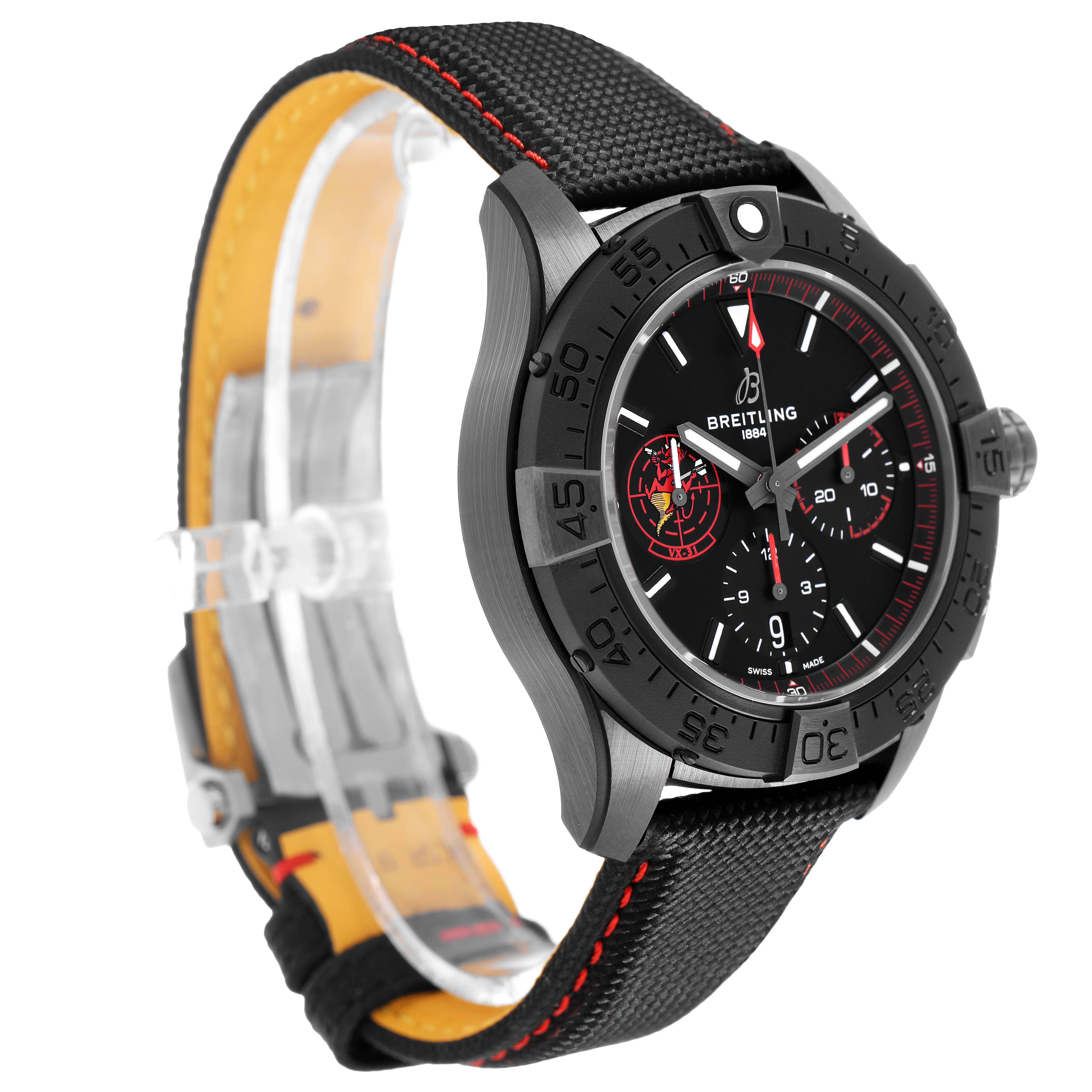 The Breitling Avenger SB01473A1B1X1 Men's Ceramic Black Dial watch is shown from a three-quarter angle revealing the face, bezel, crown, and strap.