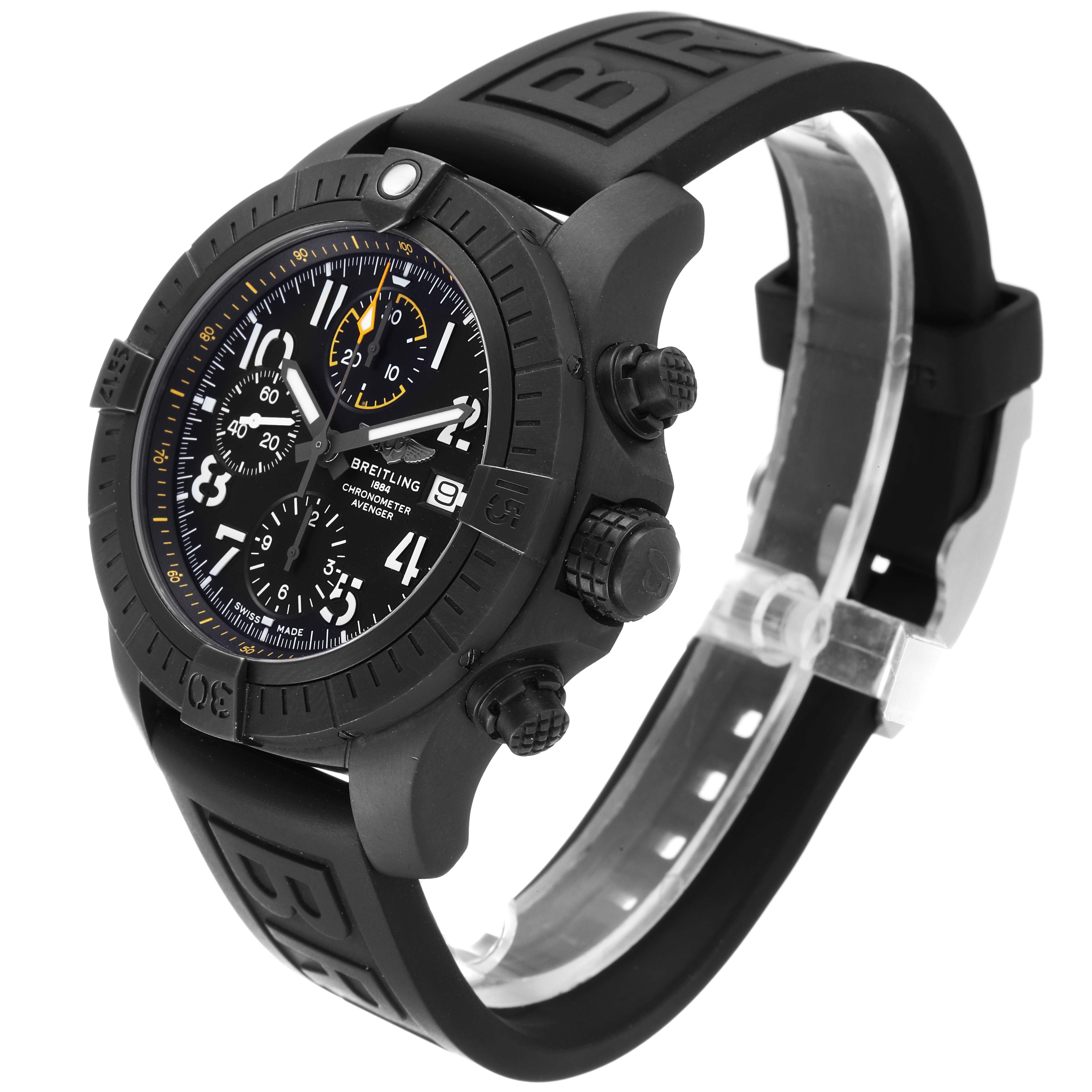 The image shows a side angle of the Breitling Avenger V13317 Men's Titanium Black Dial V13317 Men's Titanium Black Dial watch, highlighting the dial, bezel, chronograph, and black rubber strap.