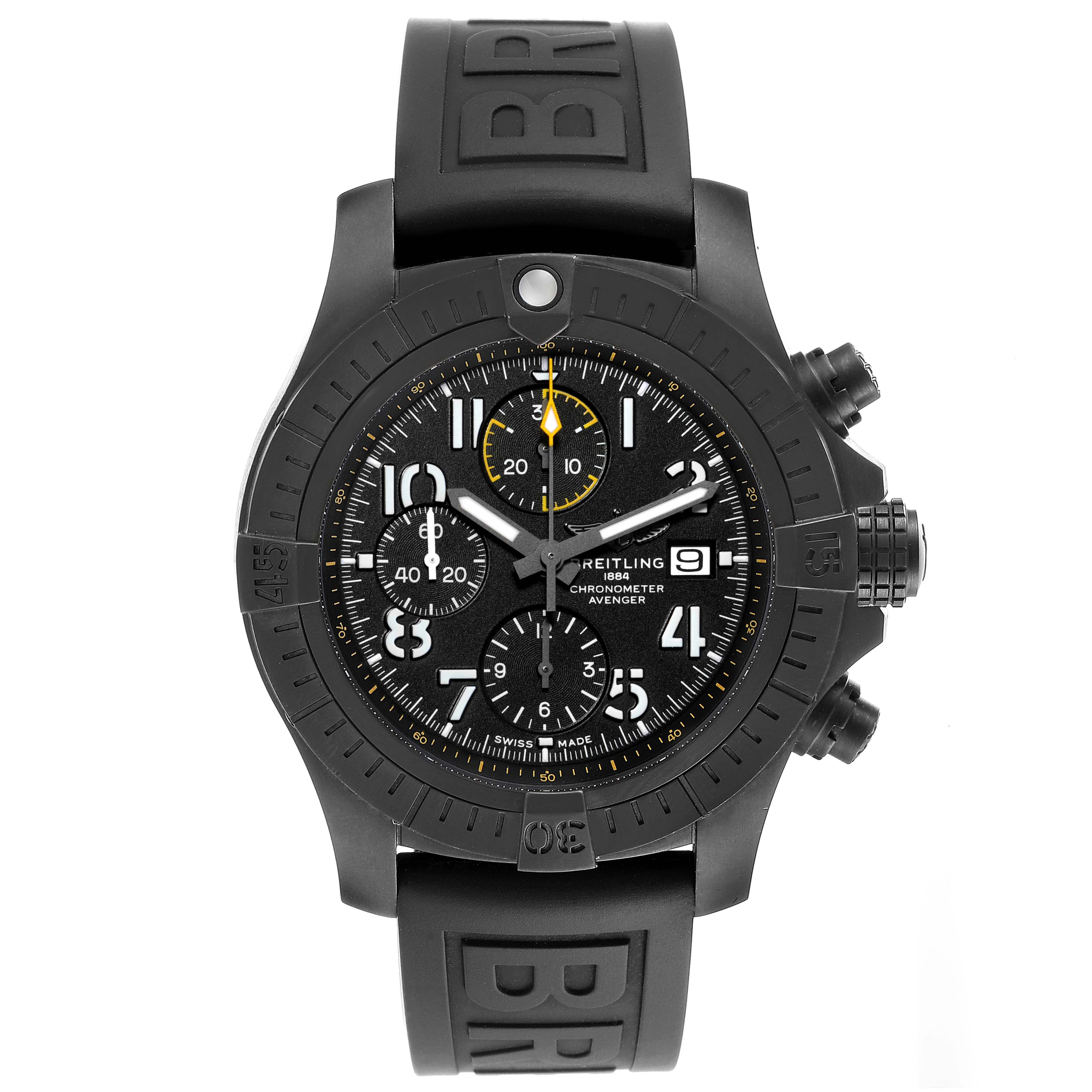 The Breitling Avenger V13317 Men's Titanium Black Dial V13317 Men's Titanium Black Dial watch is shown from a front angle, highlighting the dial, bezel, and rubber strap.