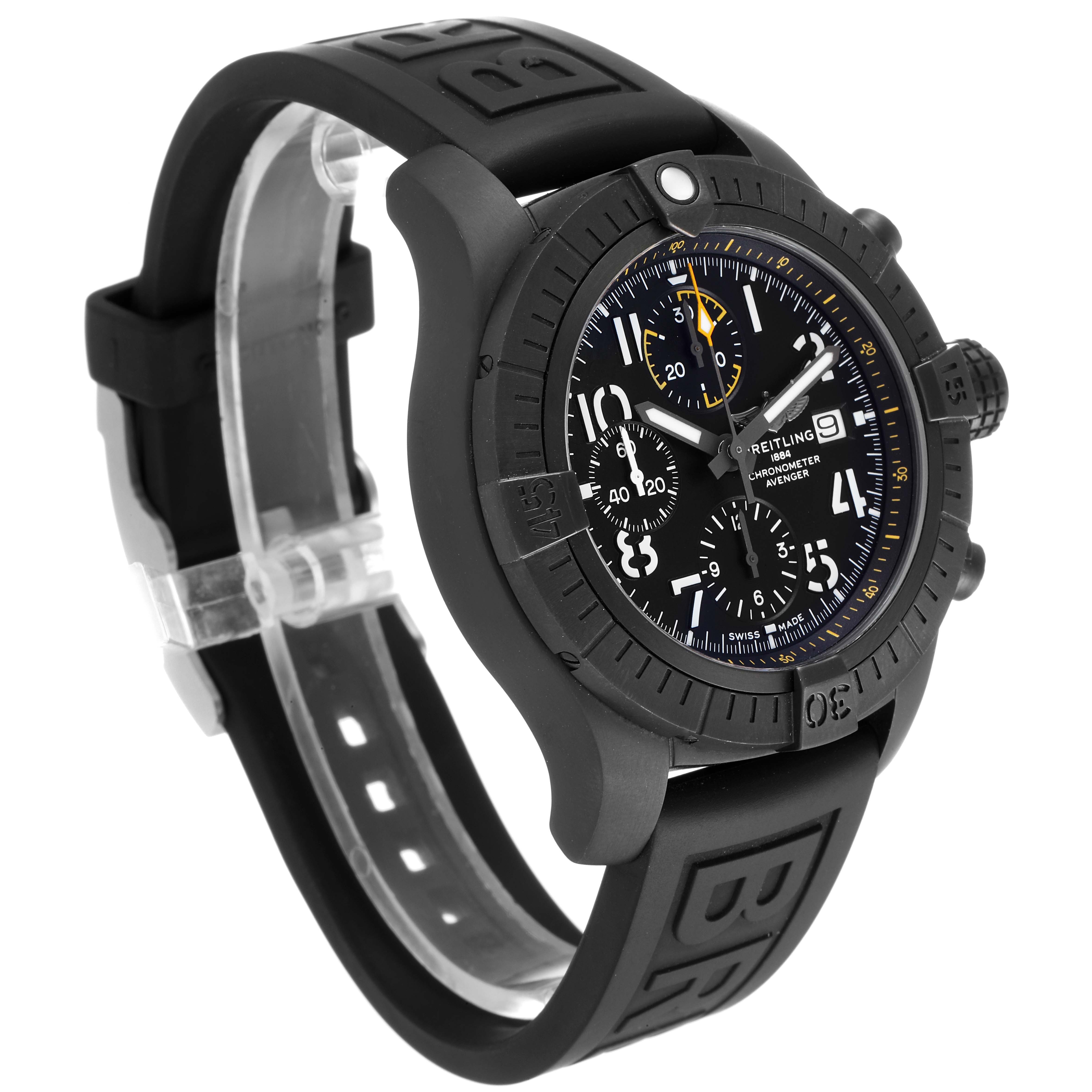 The Breitling Avenger V13317 Men's Titanium Black Dial V13317 Men's Titanium Black Dial watch is shown from a front-side angle, displaying the face, bezel, and black strap.