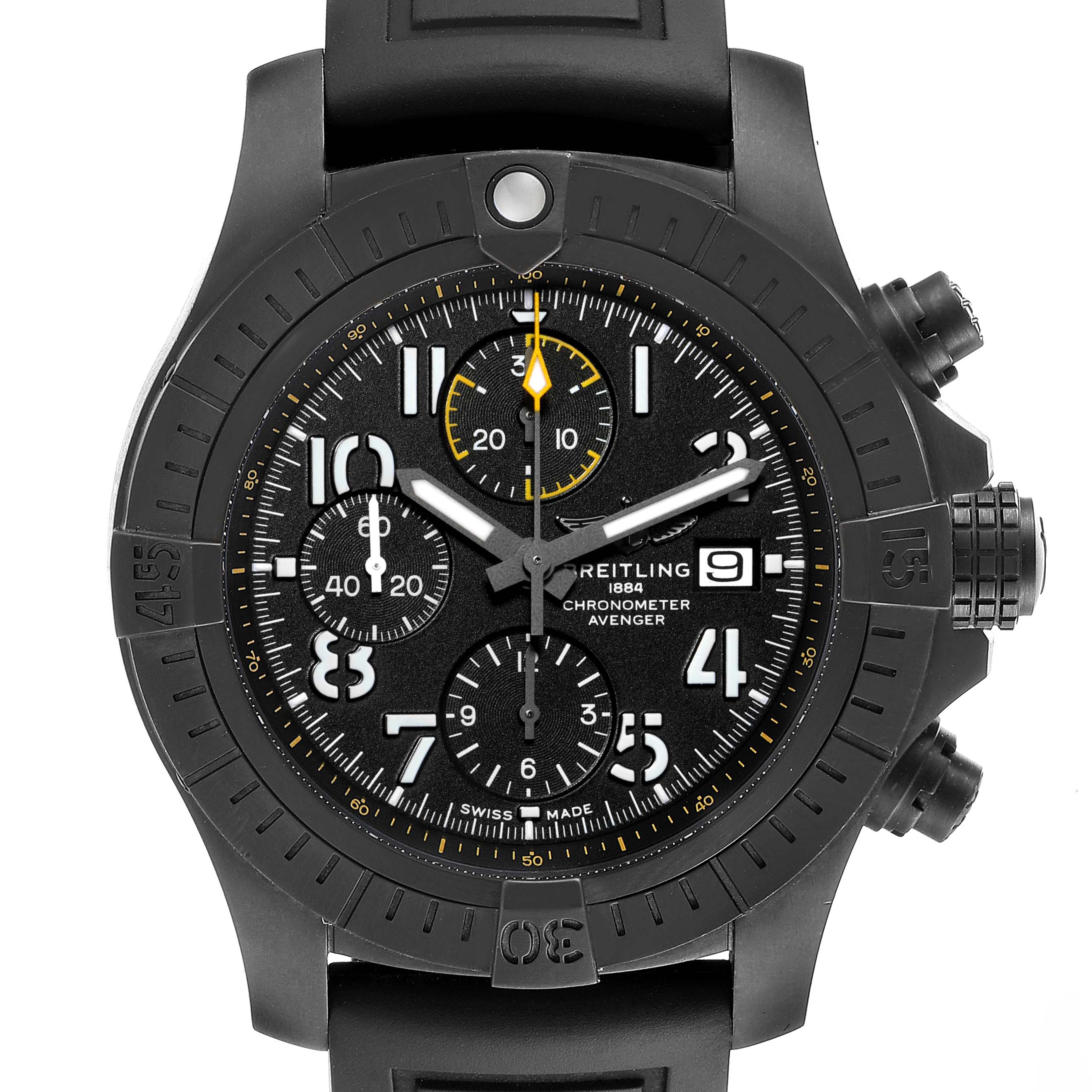 The image shows the dial, bezel, and crown of a Breitling Avenger V13317 Men's Titanium Black Dial V13317 Men's Titanium Black Dial chronometer watch from a front angle.