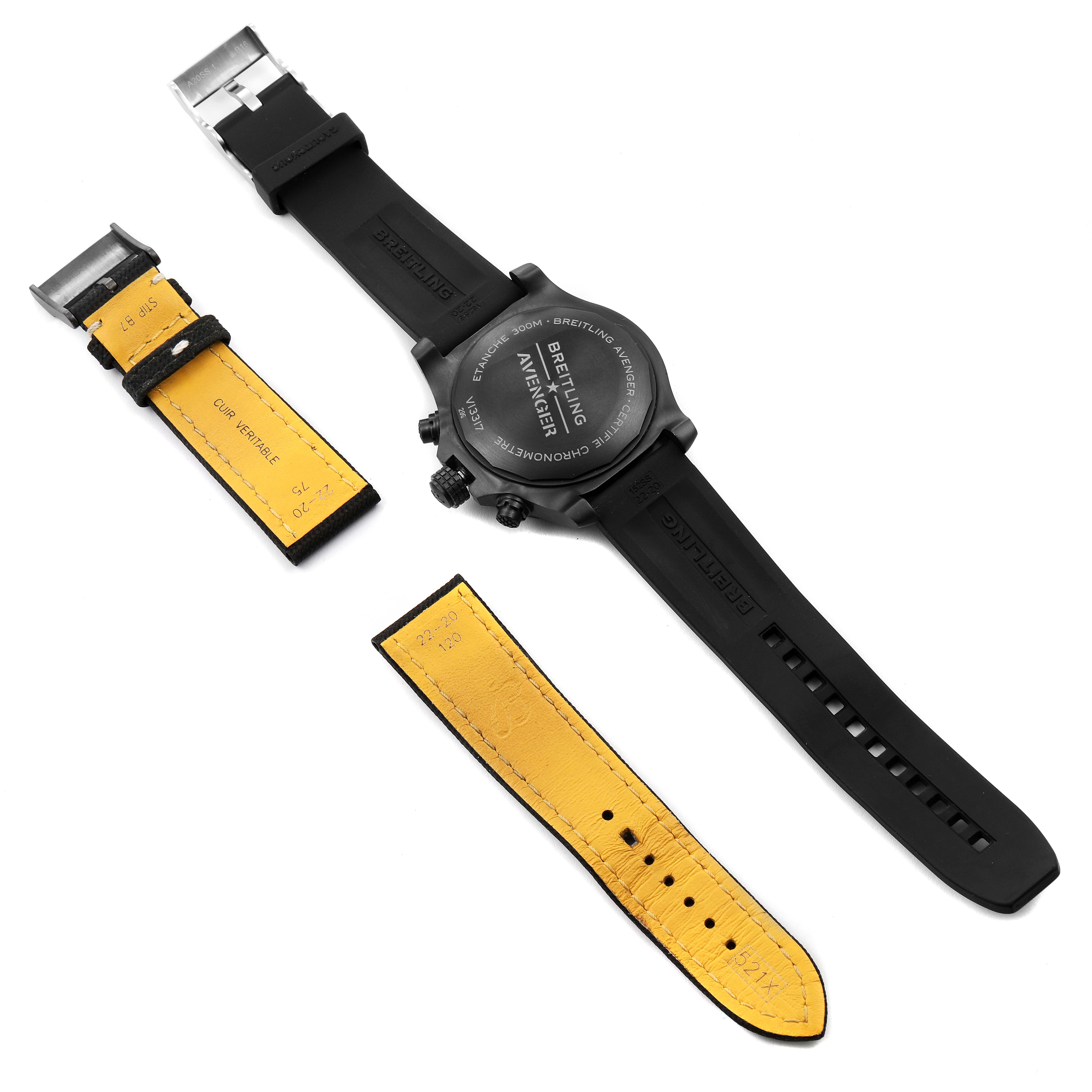 The image shows the back of a Breitling Avenger V13317 Men's Titanium Black Dial V13317 Men's Titanium Black Dial watch with detached black and yellow straps.