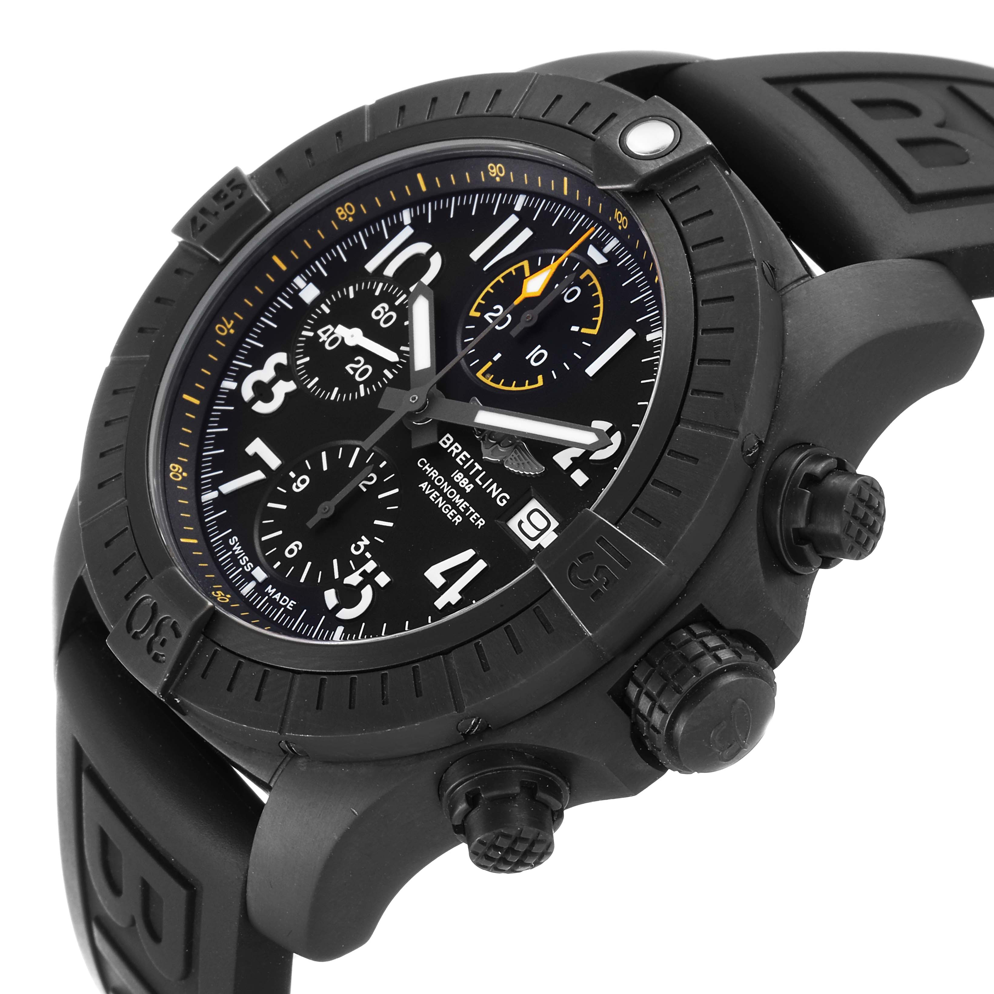 The image shows a Breitling Avenger V13317 Men's Titanium Black Dial V13317 Men's Titanium Black Dial watch at an angle highlighting its dial, bezel, crown, and chronograph pushers.