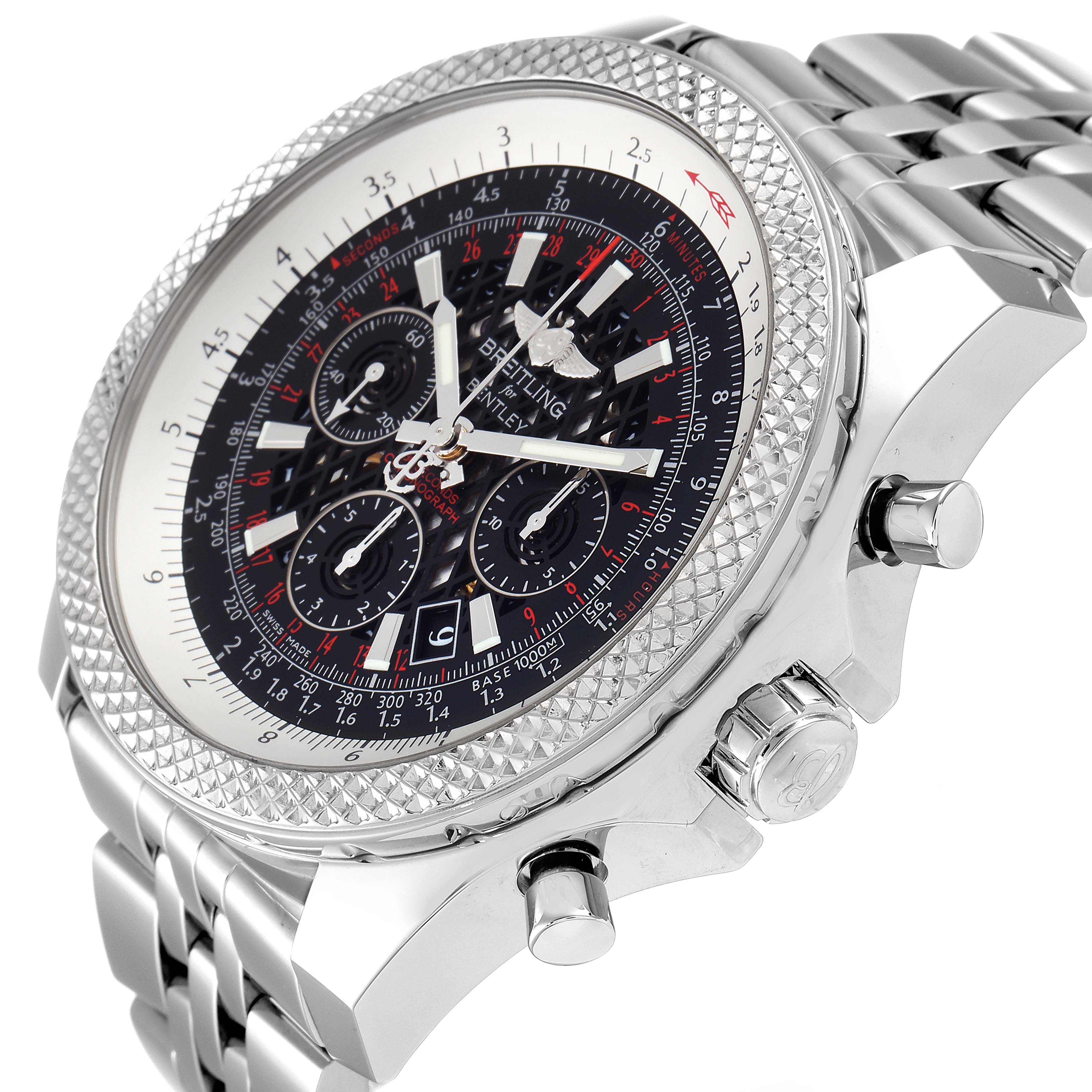 The image shows a Bentley model by Breitling, emphasizing its stainless steel case, dial, and chronograph buttons at an angle.