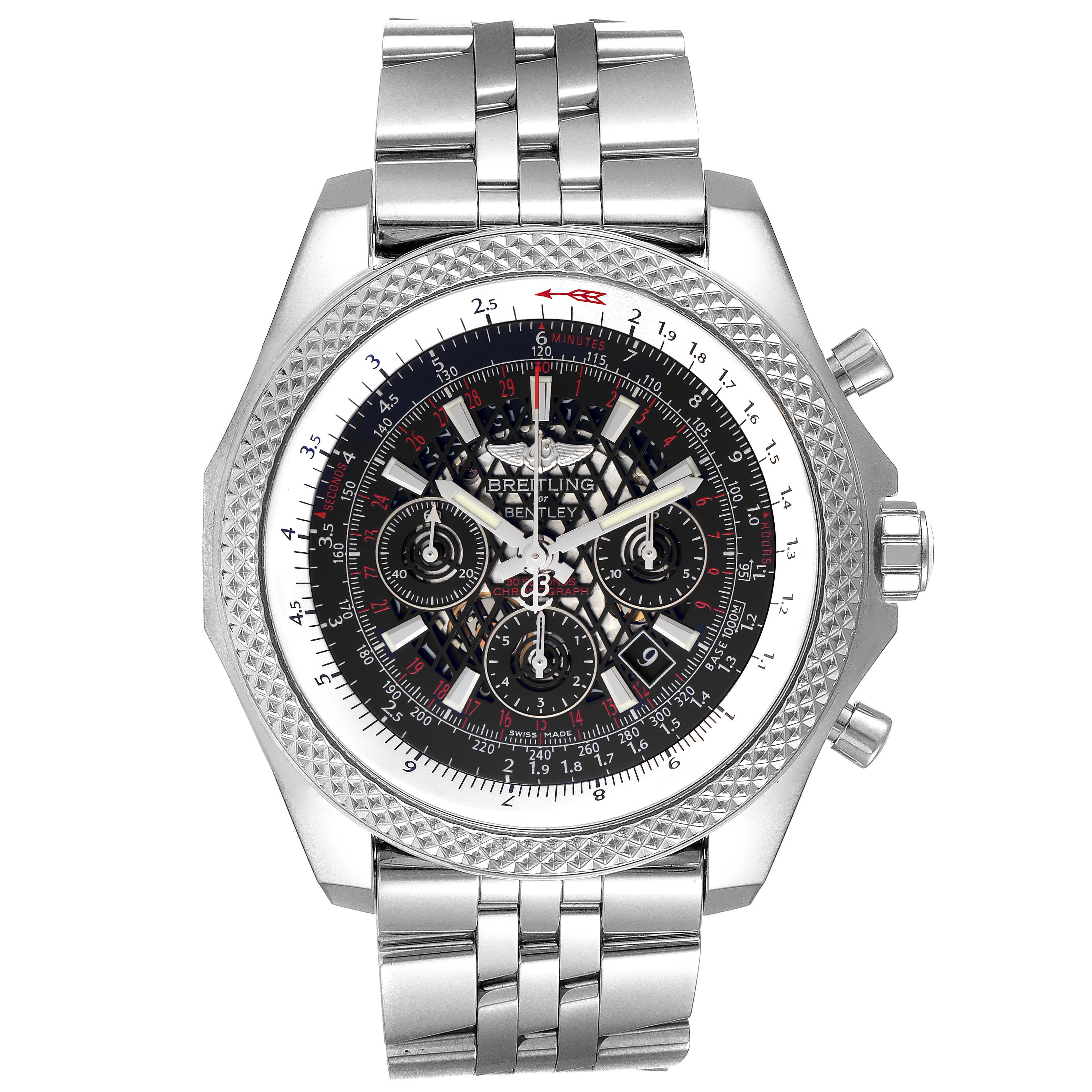 The Breitling Bentley AB061112.BD80.990A Men's Stainless Steel Black Dial AB061112.BD80.990A Men's Stainless Steel Black Dial model watch is shown from a front angle displaying the dial, bezel, and part of the metal bracelet.