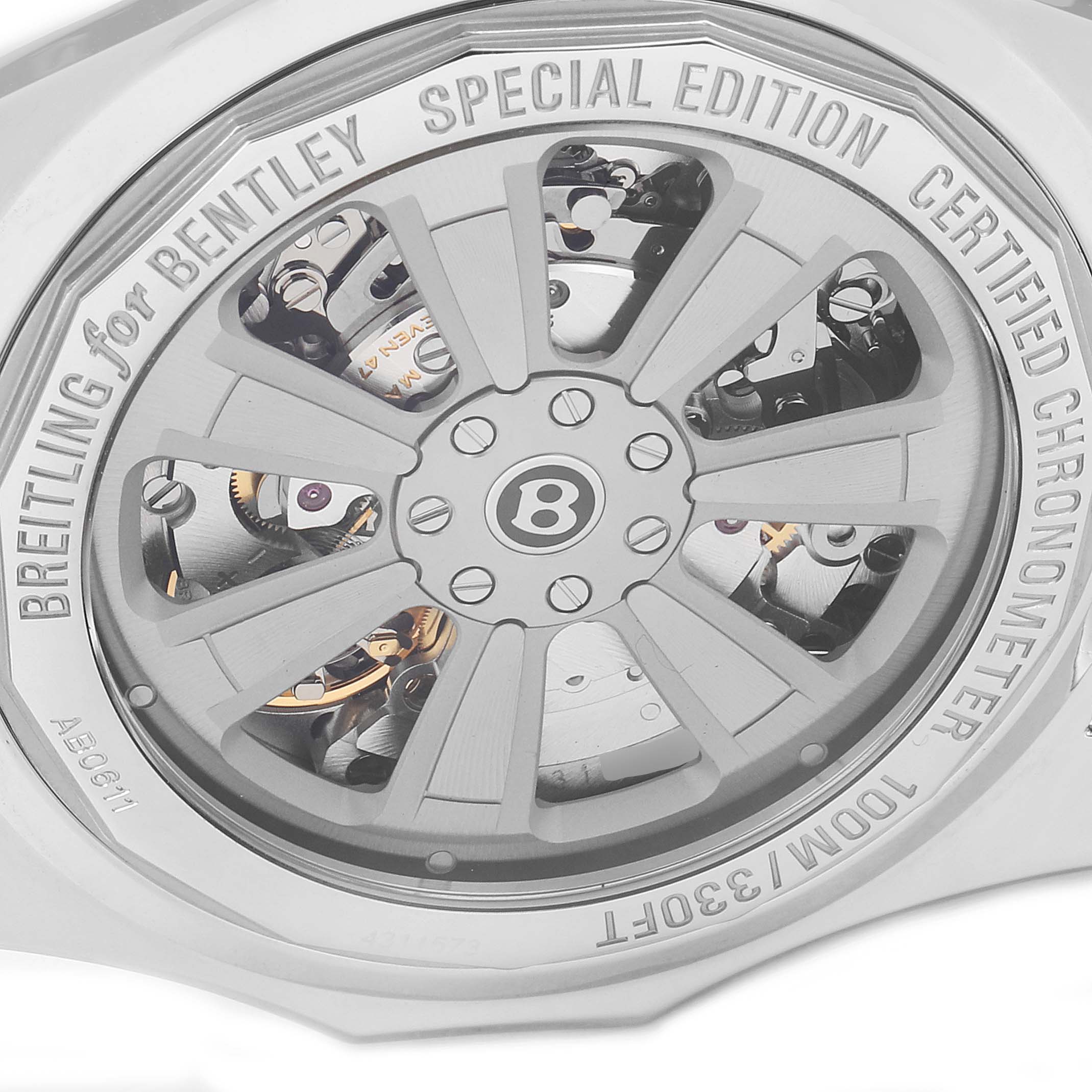 The image shows the back case of the Breitling Bentley AB061112.BD80.990A Men's Stainless Steel Black Dial AB061112.BD80.990A Men's Stainless Steel Black Dial watch, highlighting its exposed movement and special edition engravings.