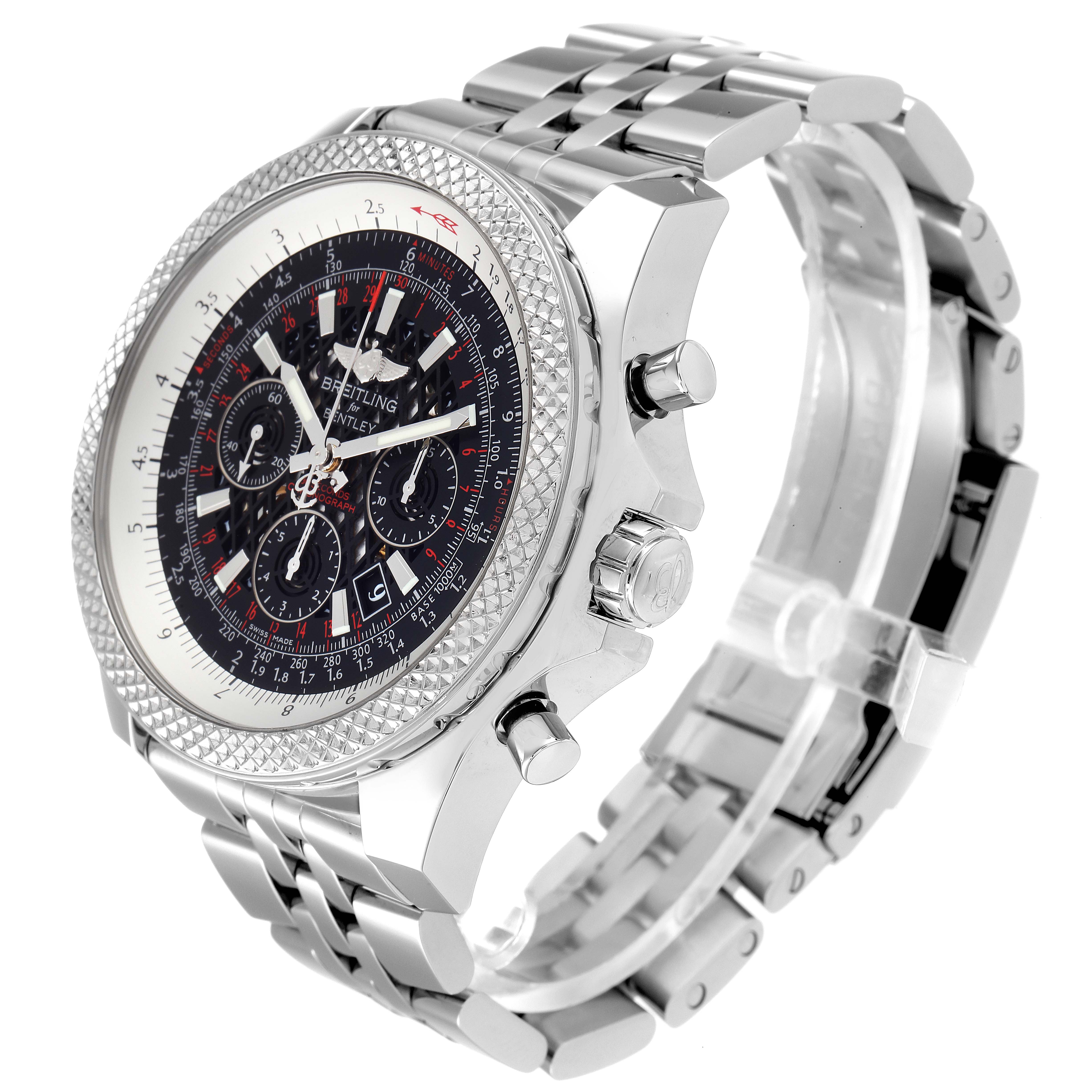 The image shows a side and front angle of a Breitling Bentley AB061112.BD80.990A Men's Stainless Steel Black Dial AB061112.BD80.990A Men's Stainless Steel Black Dial watch, highlighting its dial, bezel, and bracelet.