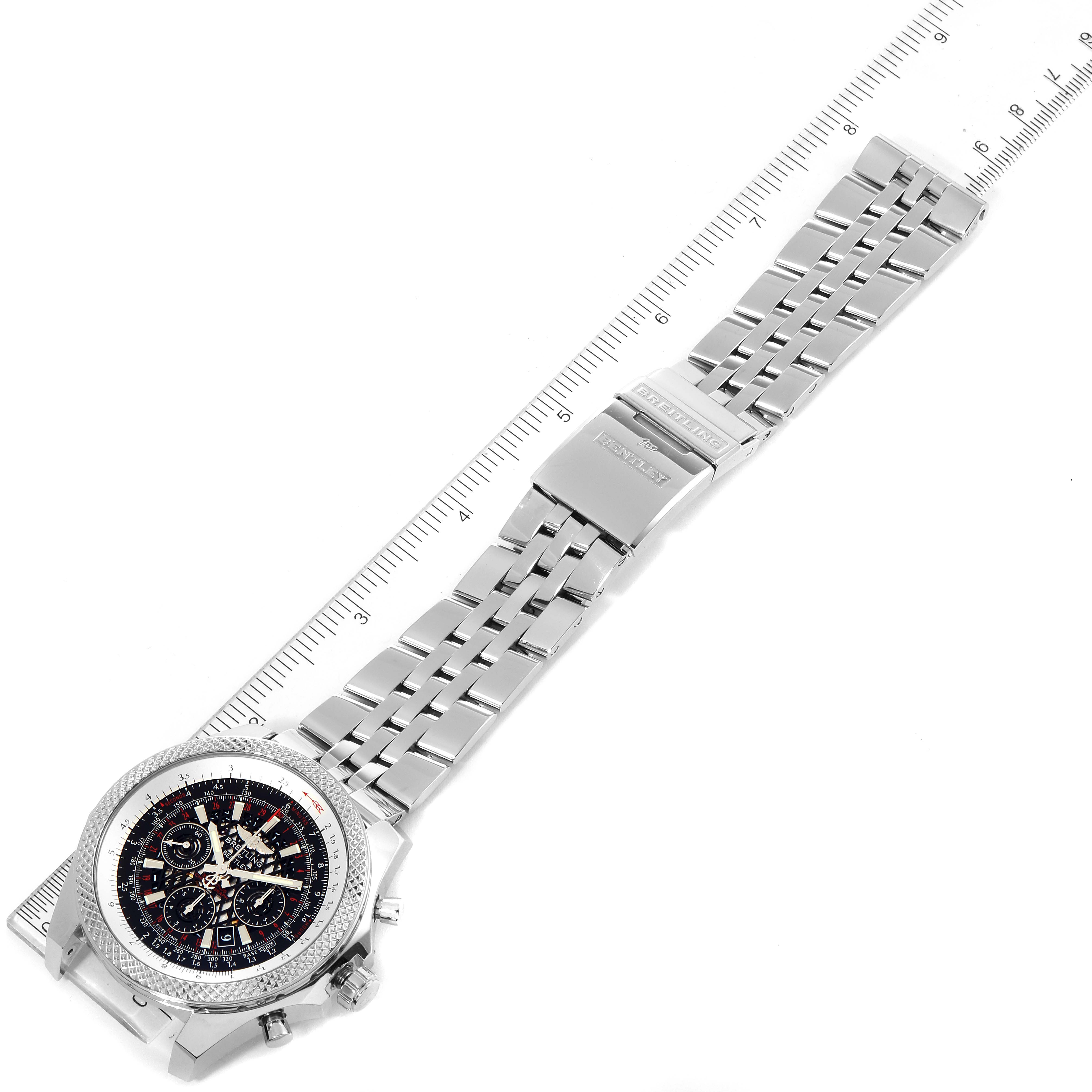 The image shows a top view of the Breitling Bentley AB061112.BD80.990A Men's Stainless Steel Black Dial AB061112.BD80.990A Men's Stainless Steel Black Dial watch, displaying the face, bezel, and metal bracelet alongside a ruler.